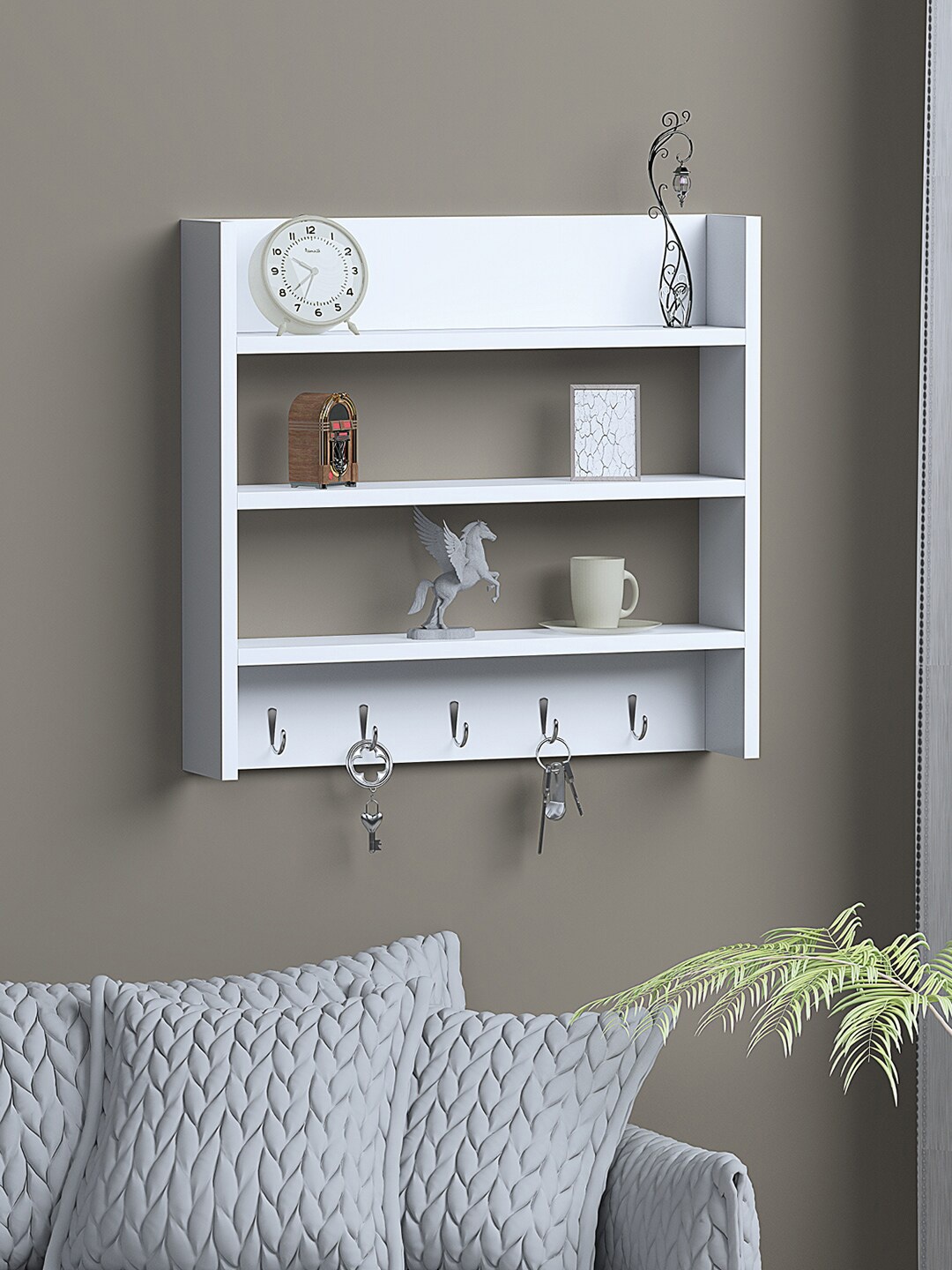 

RANDOM White Wooden Basic Wall Shelf with Key Holders