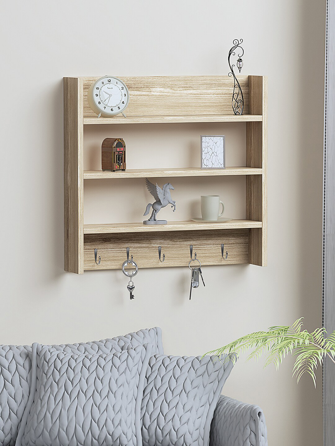 

RANDOM Beige Wooden Basic Wall Shelf with Key Holders