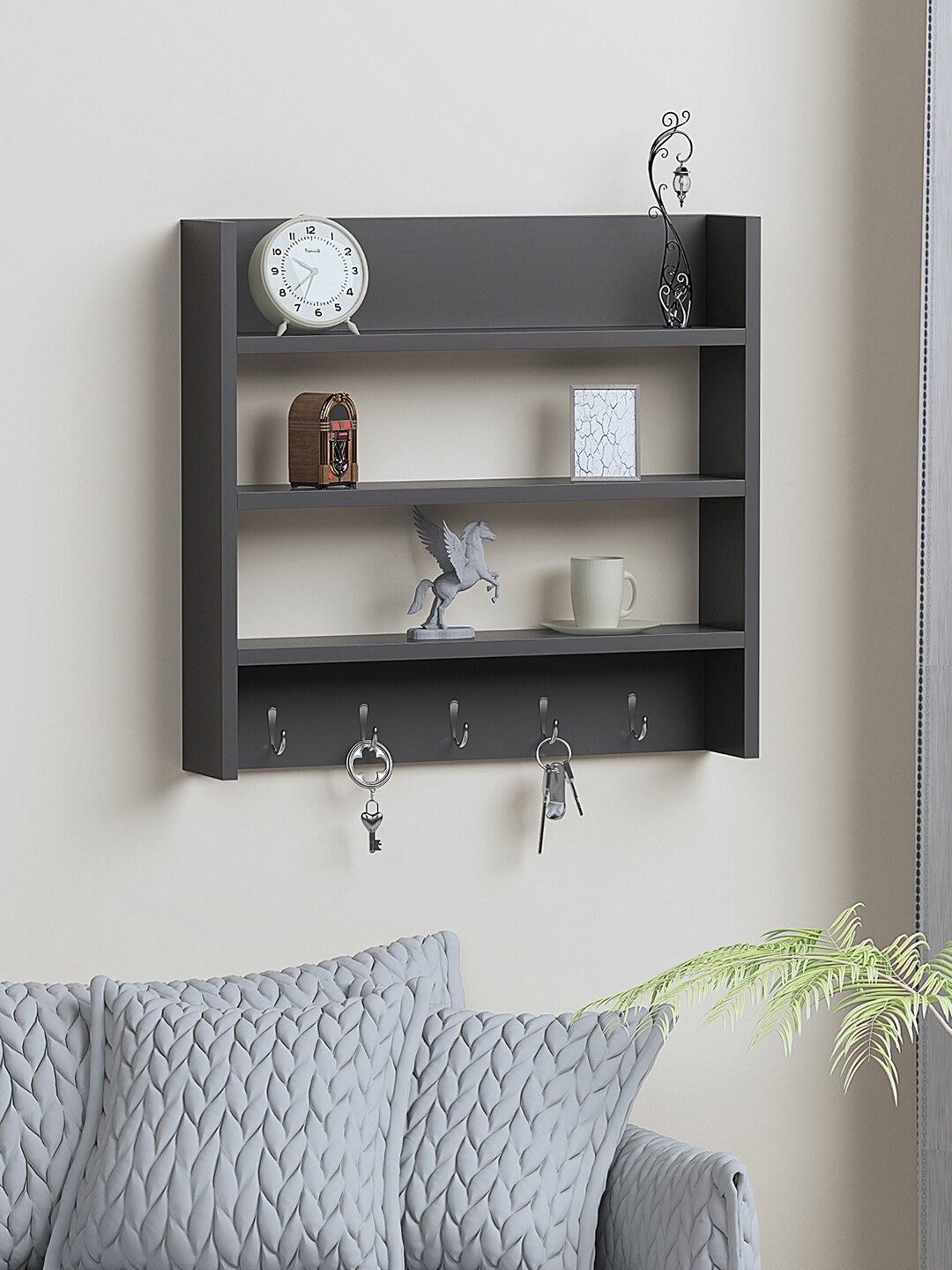 

RANDOM Grey Wooden Basic Wall Shelf with Key Holders