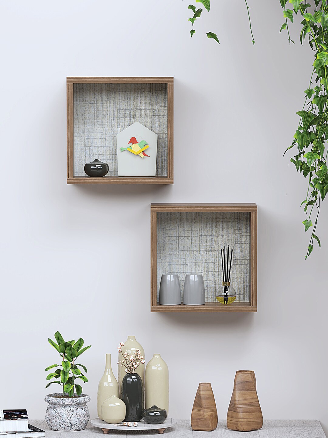 

RANDOM Brown 2 Pcs Wooden Pocket Wall Shelf