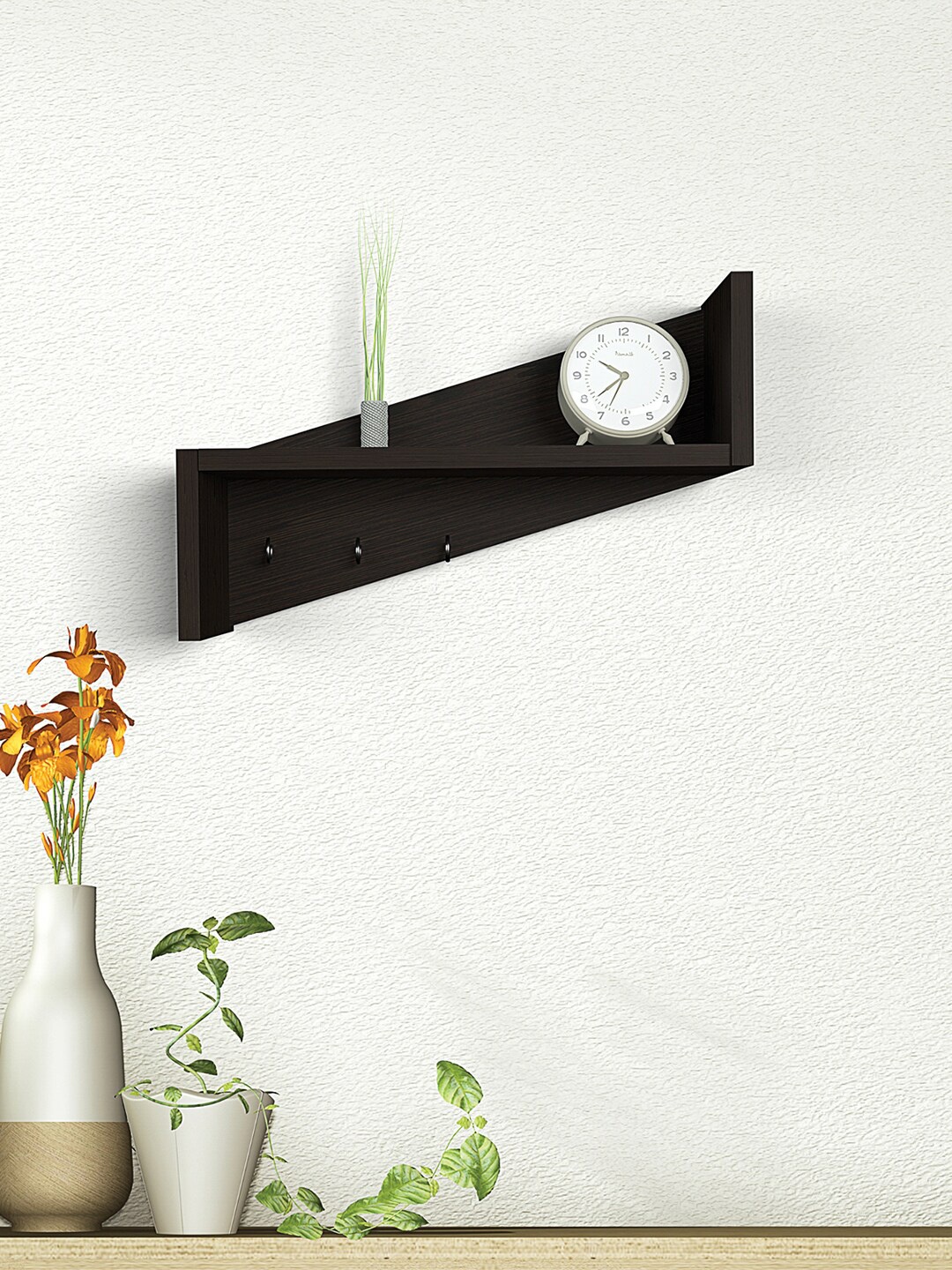 

RANDOM Brown Wooden Basic Wall Shelf with Key Holders