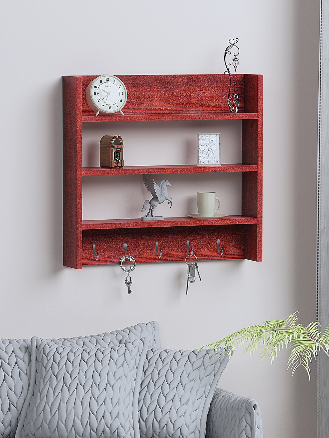 

RANDOM Maroon Wooden Basic Wall Shelf with Key Holders