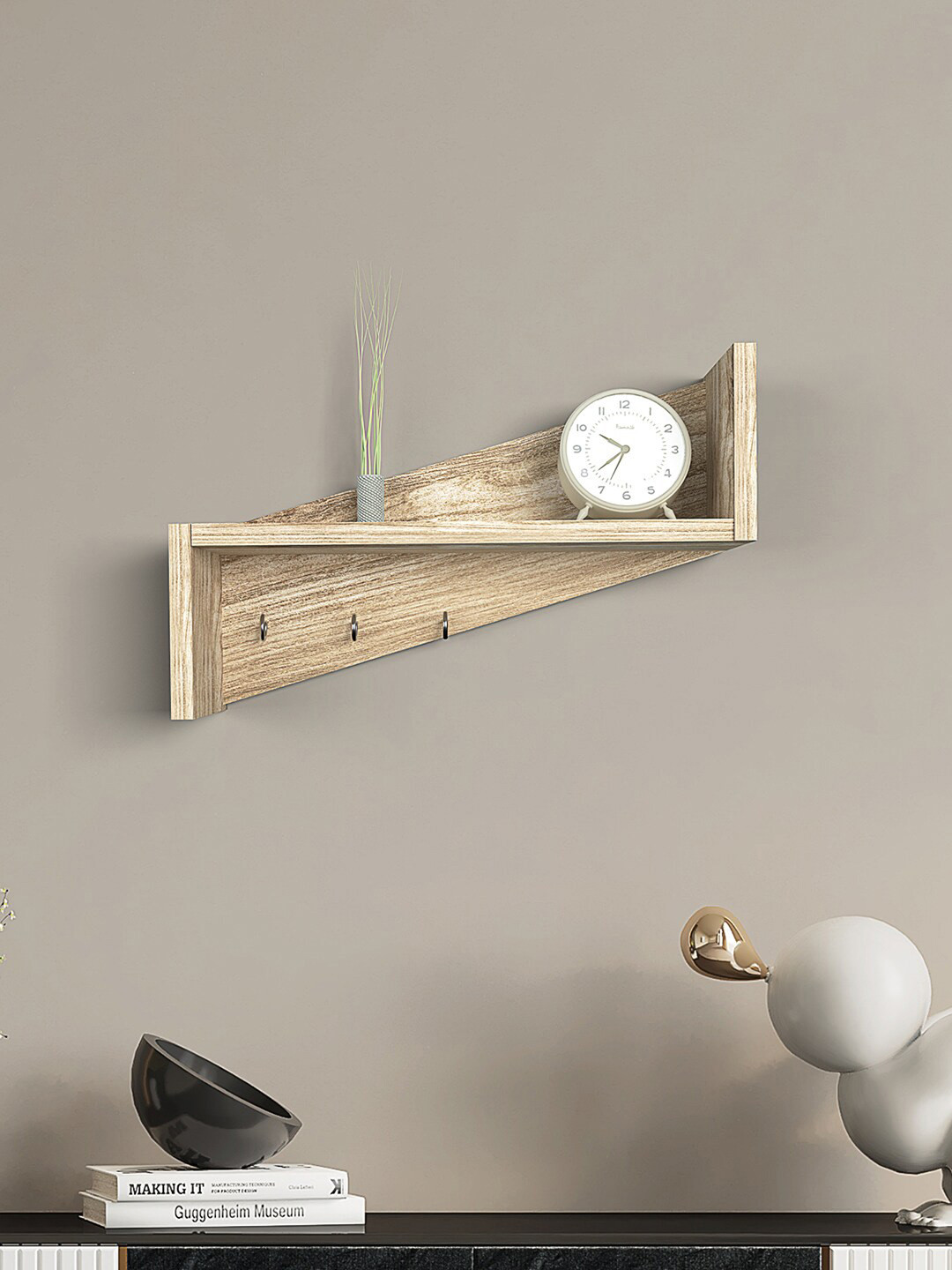 

RANDOM Beige Wooden Basic Wall Shelf with Key Holders