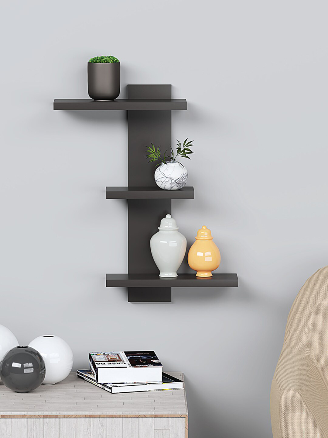 

RANDOM Black Wooden Basic Wall Shelf, Grey