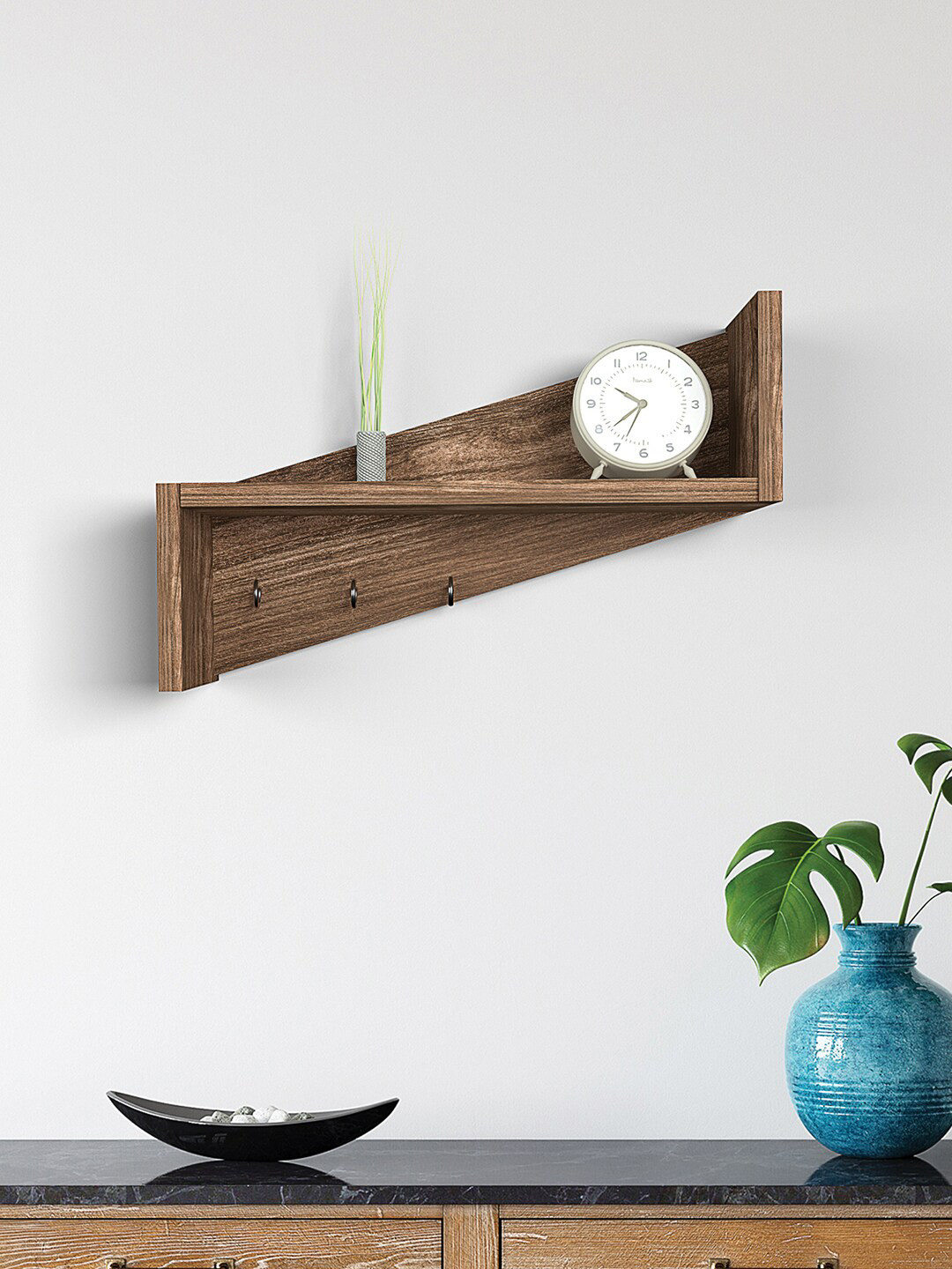 

RANDOM Brown Wooden Basic Wall Shelf with Key Holders