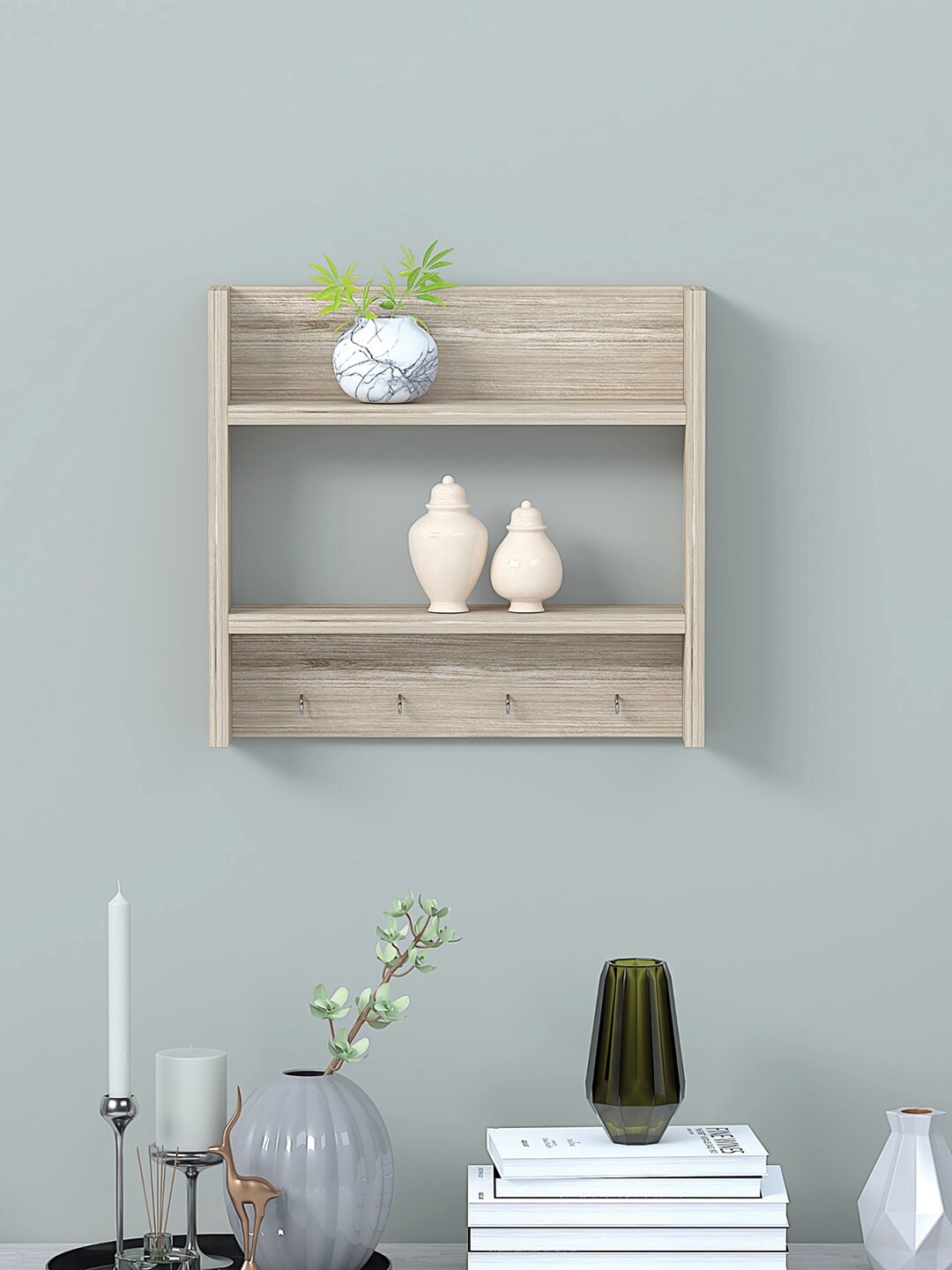 

RANDOM Beige Wooden Basic Wall Shelf with Key Holders