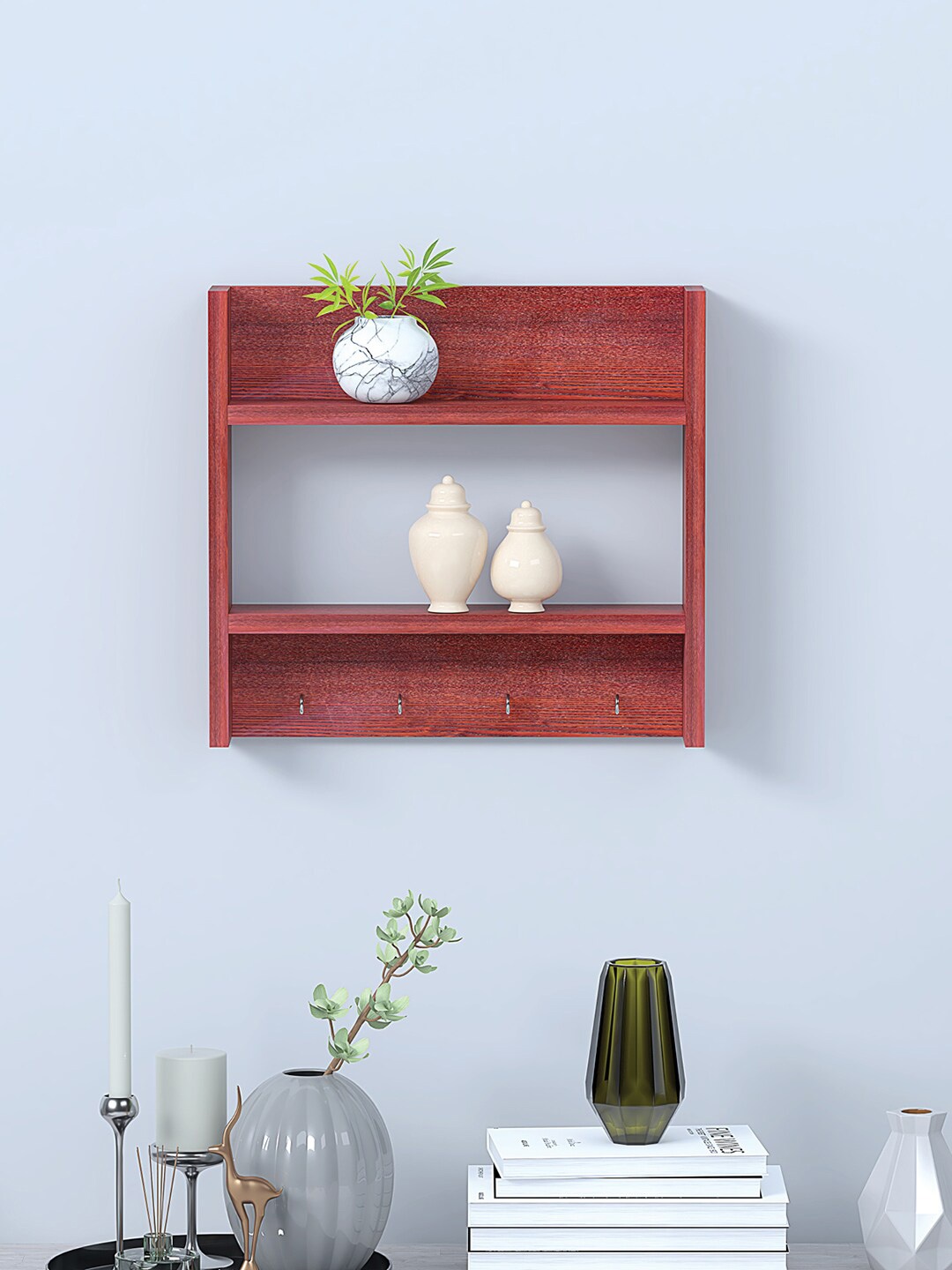 

RANDOM Brown Wooden Basic Wall Shelf with Key Holders, Maroon