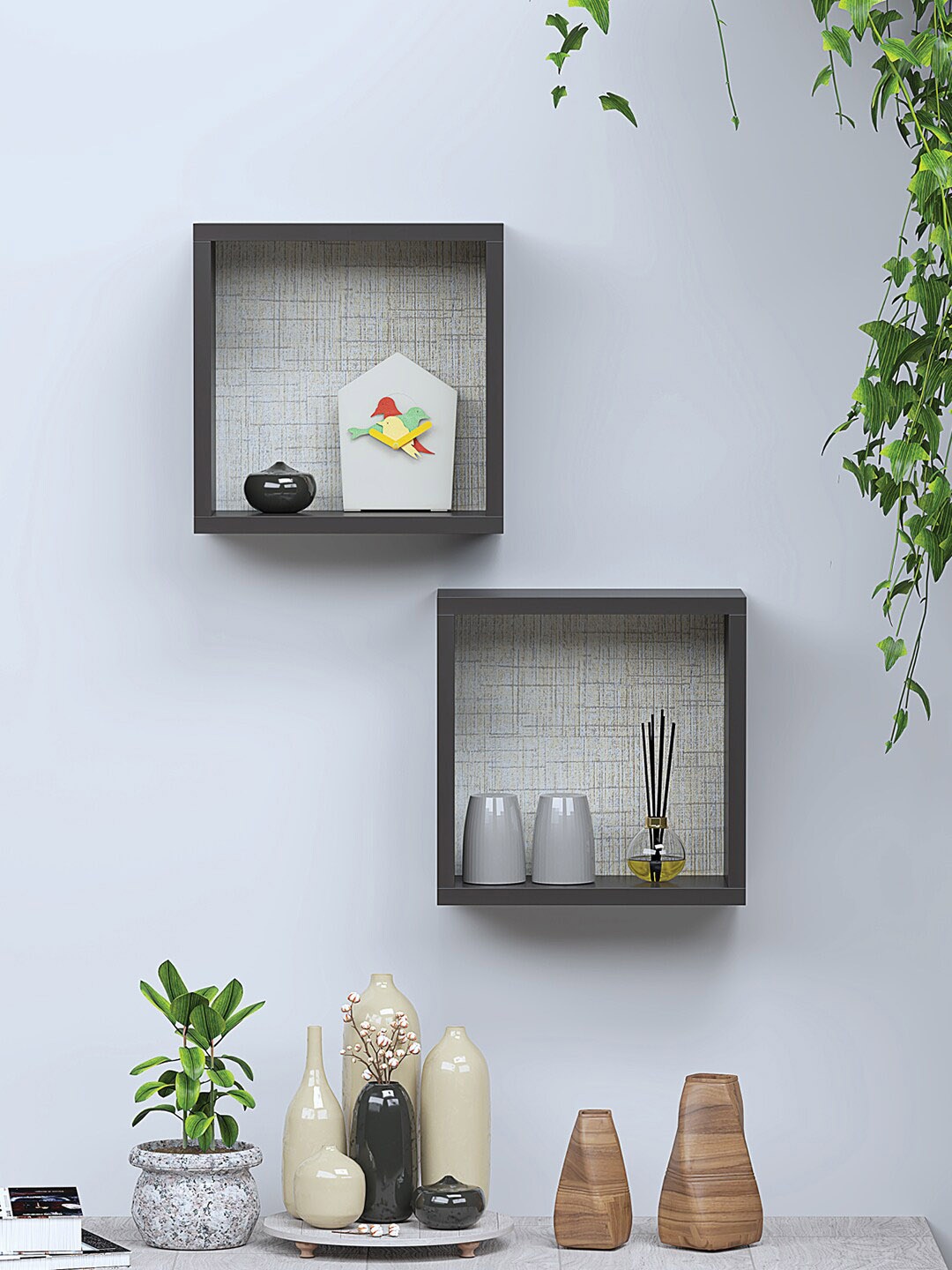 

RANDOM Black 2 Pcs Wooden Pocket Wall Shelf