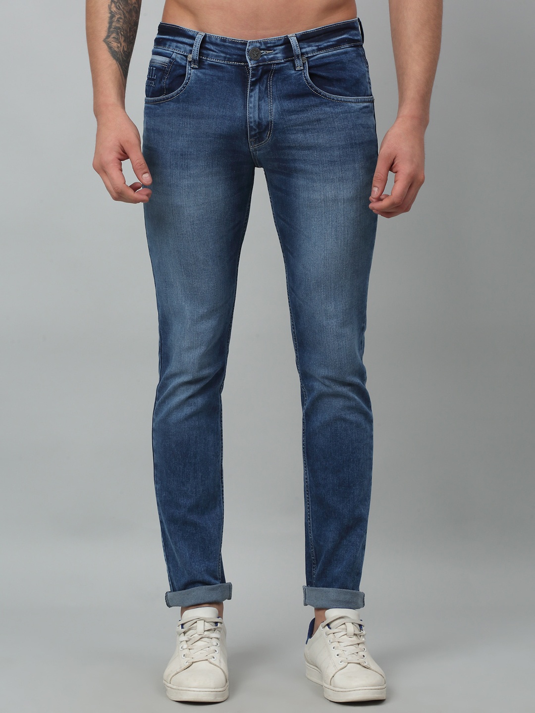

Cantabil Men Mid Rise Clean Look Heavy Fade Cotton Jeans, Blue