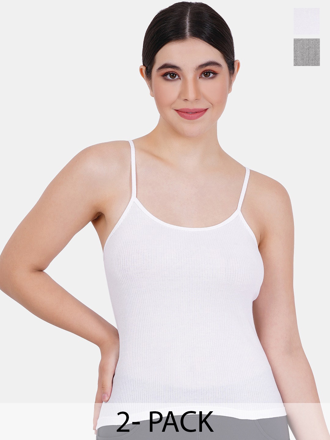 

Reveira Pack Of 2 Round Neck Camisoles, Grey