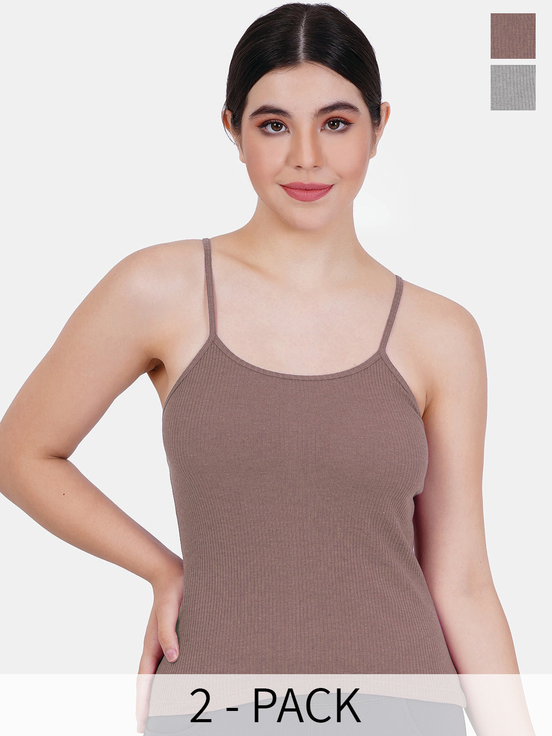 

Reveira Pack Of 2 Round Neck Camisoles, Brown
