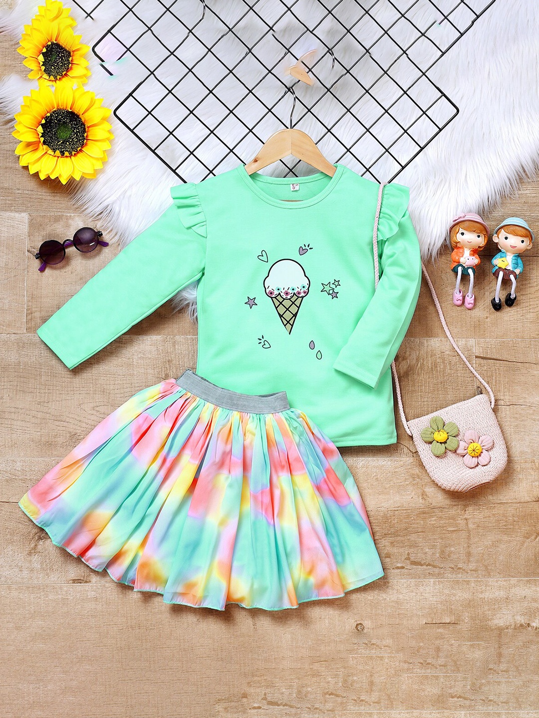 

BAESD Girls Printed Top with Skirt, Lime green