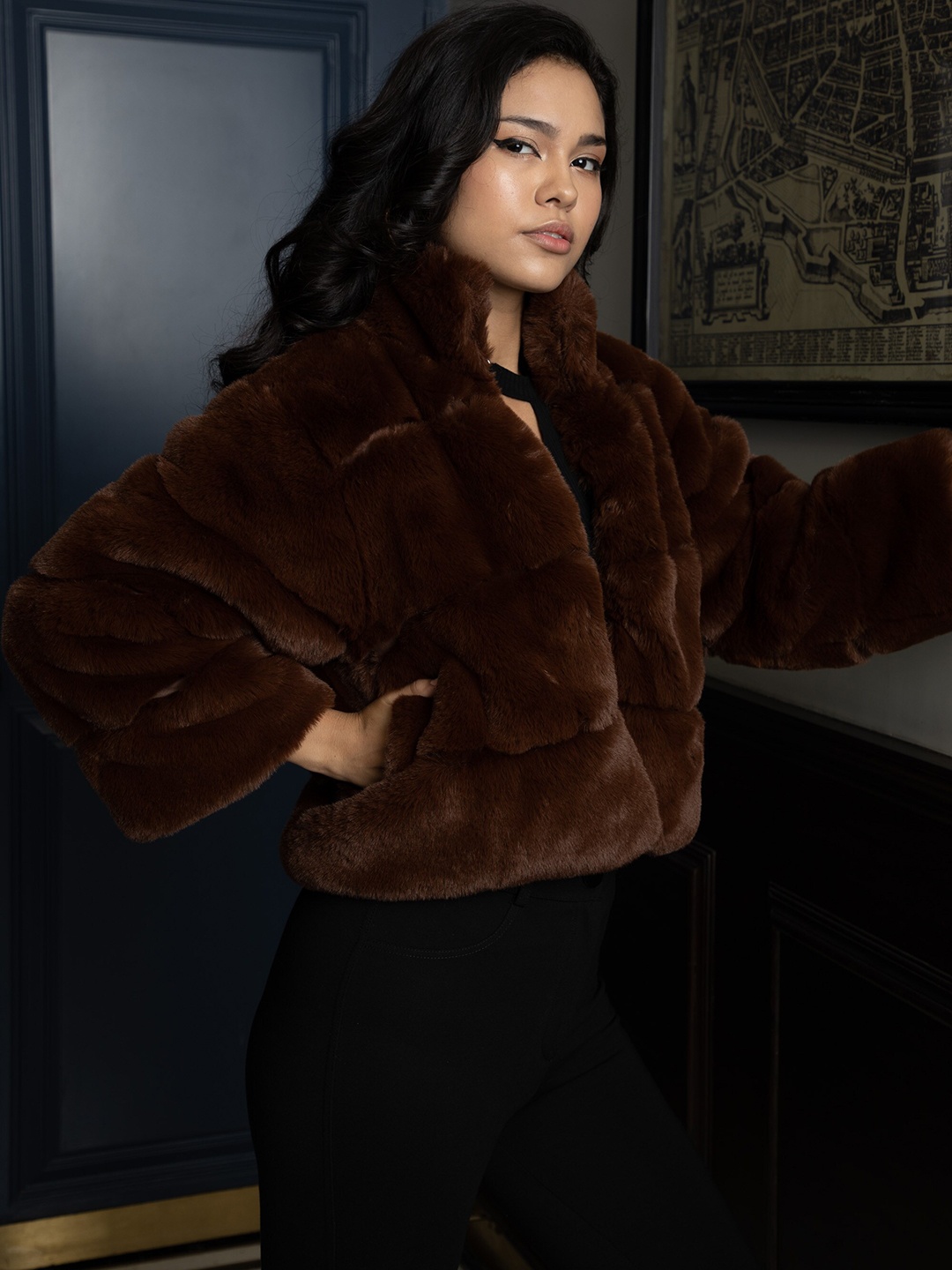 

Rhe-Ana Self Designed Mock Collar Faux Fur Tailored Jacket, Brown