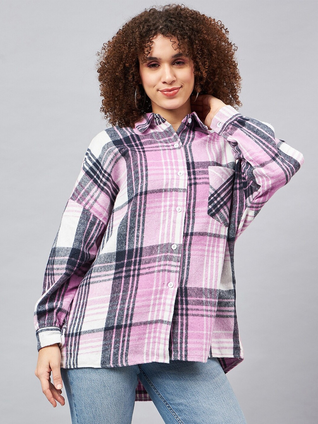 

Chemistry Regular Fit Tartan Checks Spread Collar Long Sleeves Casual Shirt, Pink
