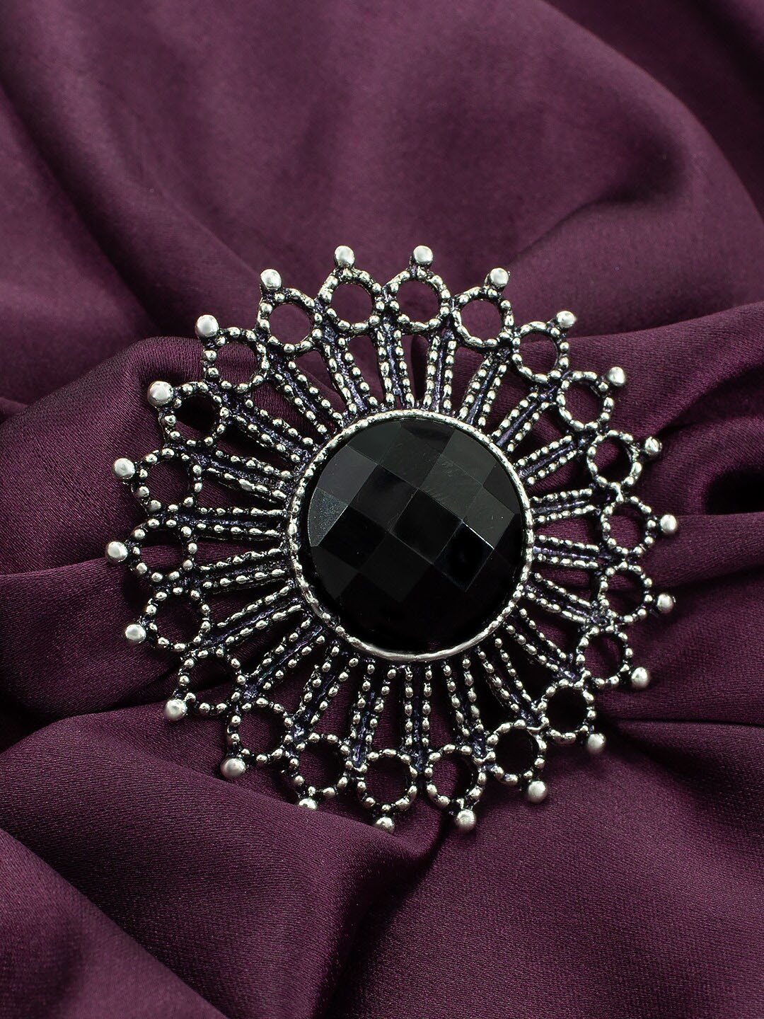 

PRIVIU Silver-Plated Oxidised AD Floral Adjustable Finger Ring, Black