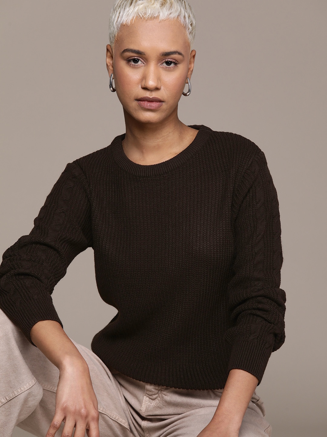 

Roadster Women Solid Acrylic Pullover Sweater, Brown
