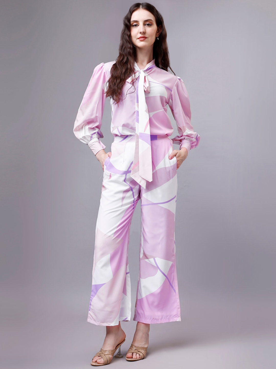 

HOUSE OF MIRA Abstract Printed Tie-Up Collar Shirt With Trousers, Pink