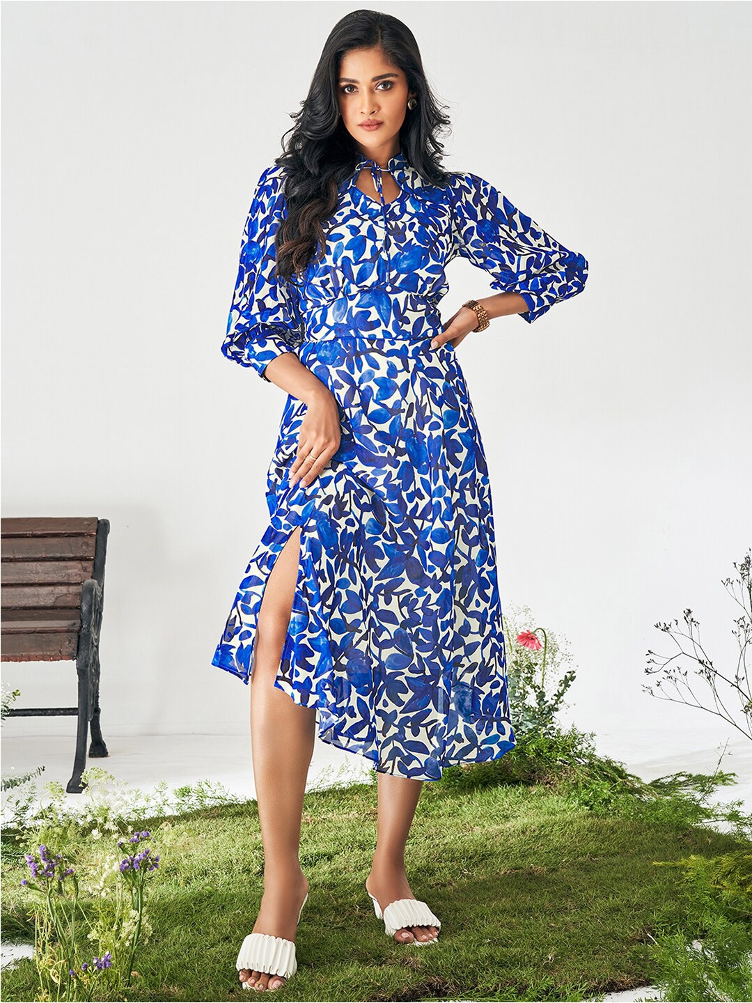 

DRESOUL Floral Print Georgette Formal Fit & Flare Midi Dress, Blue