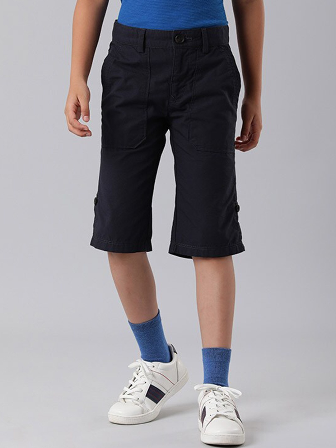 

Indian Terrain Boys Mid Rise Pure Cotton Shorts, Navy blue