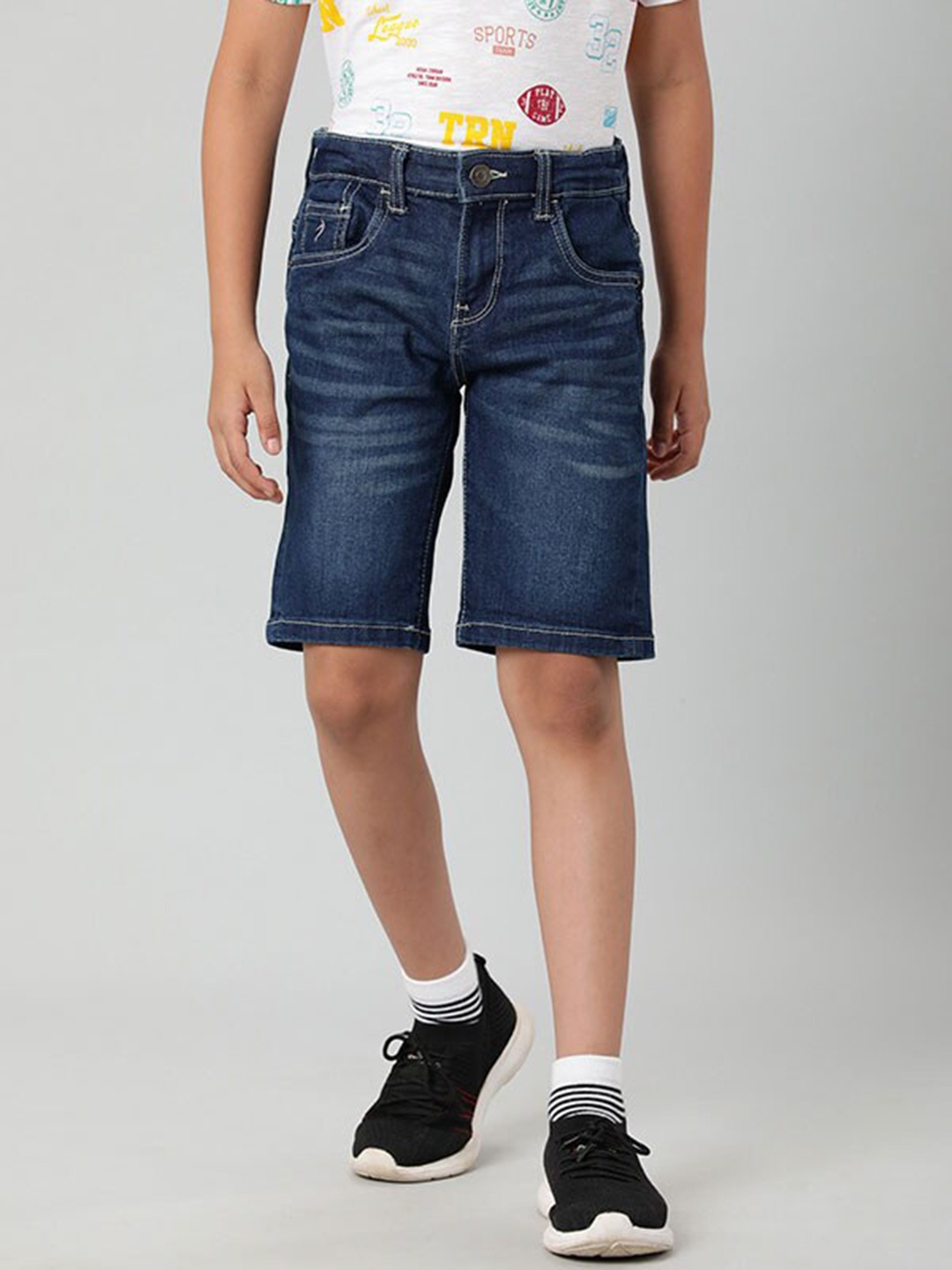 Indian Terrain Boys Washed Mid-Rise Denim Shorts, Blue