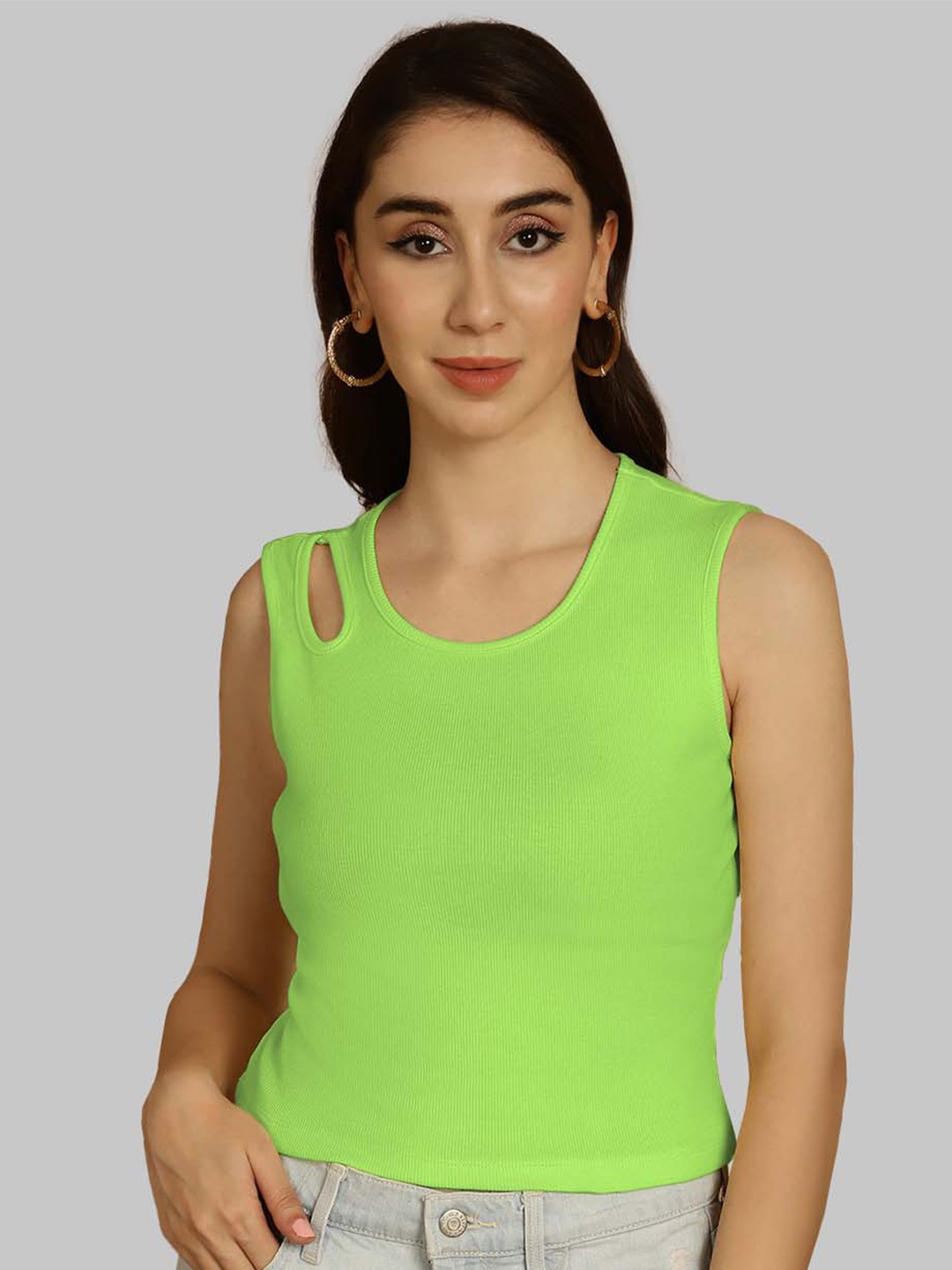 

Friskers Round Neck Sleeveless Crop Top, Green