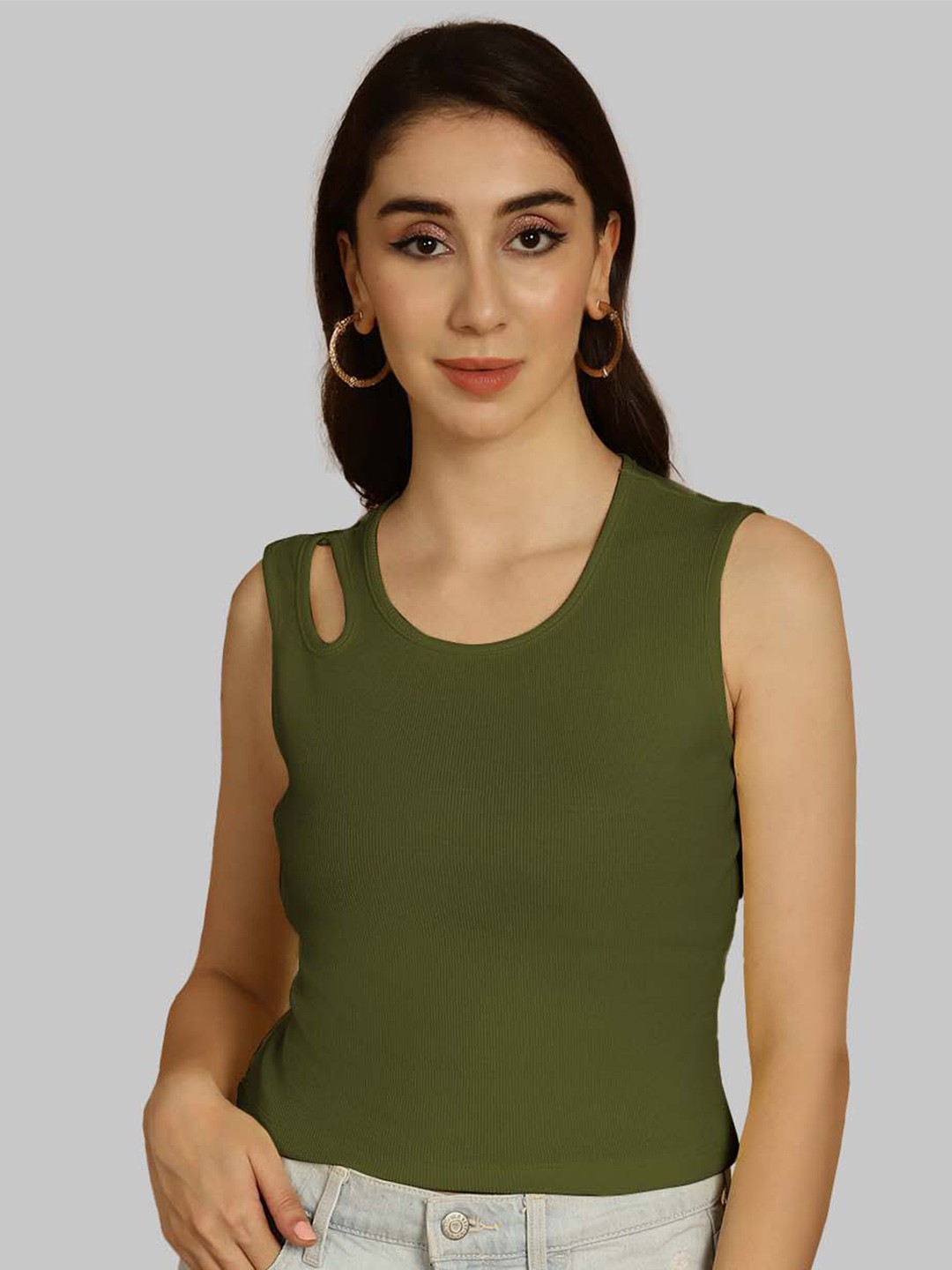 

Friskers Round Neck Sleeveless Crop Top, Olive