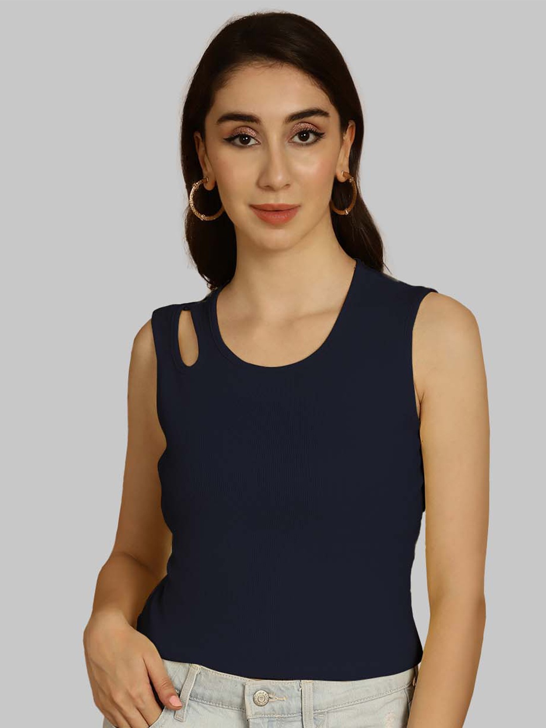 

Friskers Round Neck Sleeveless Crop Top, Navy blue