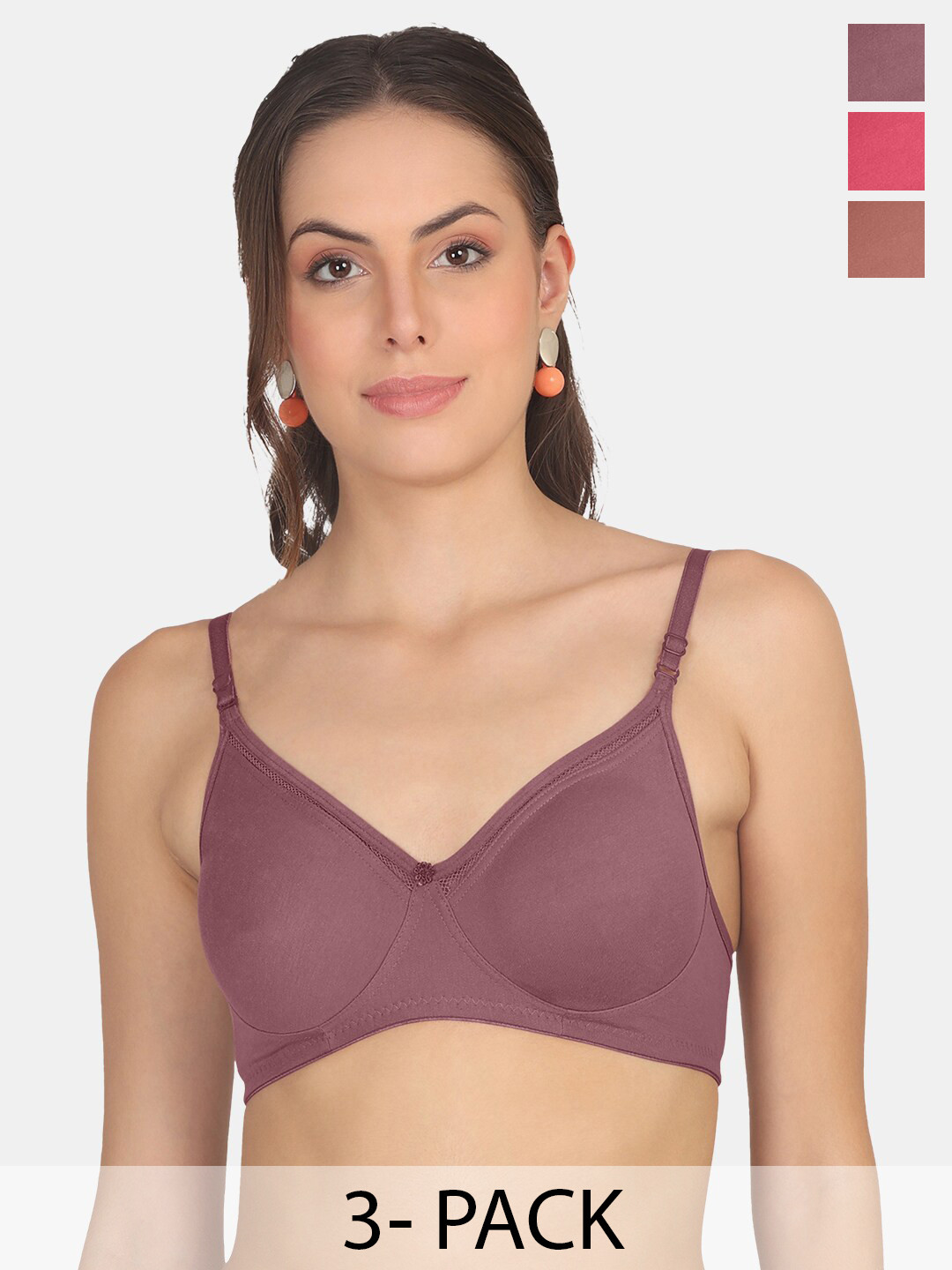 

POOJA RAGENEE Pack Of 3 Full Coverage Seamless Cotton Everyday Bras With All Day Comfort, Brown