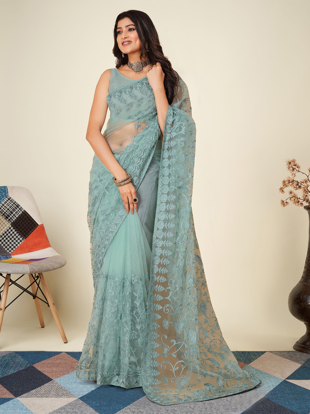 VAIRAGEE Floral Embroidered Net Saree, Turquoise blue
