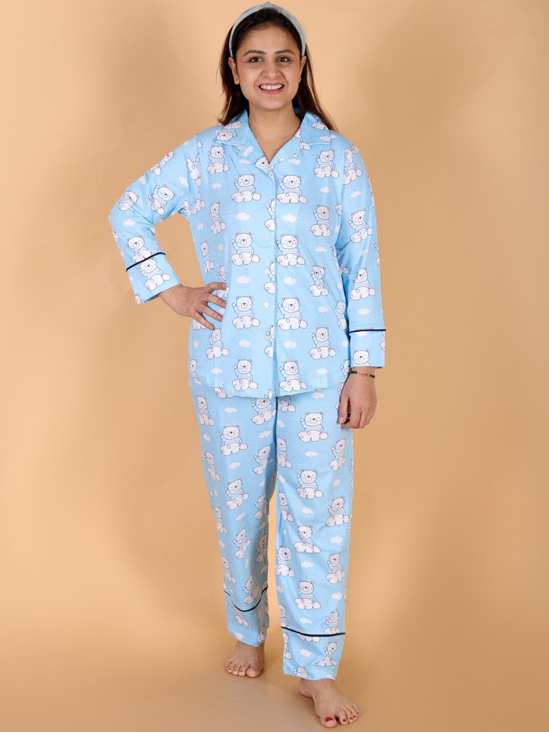 

The Mom Store Graphic Printed Pure Cotton Night suit, Blue