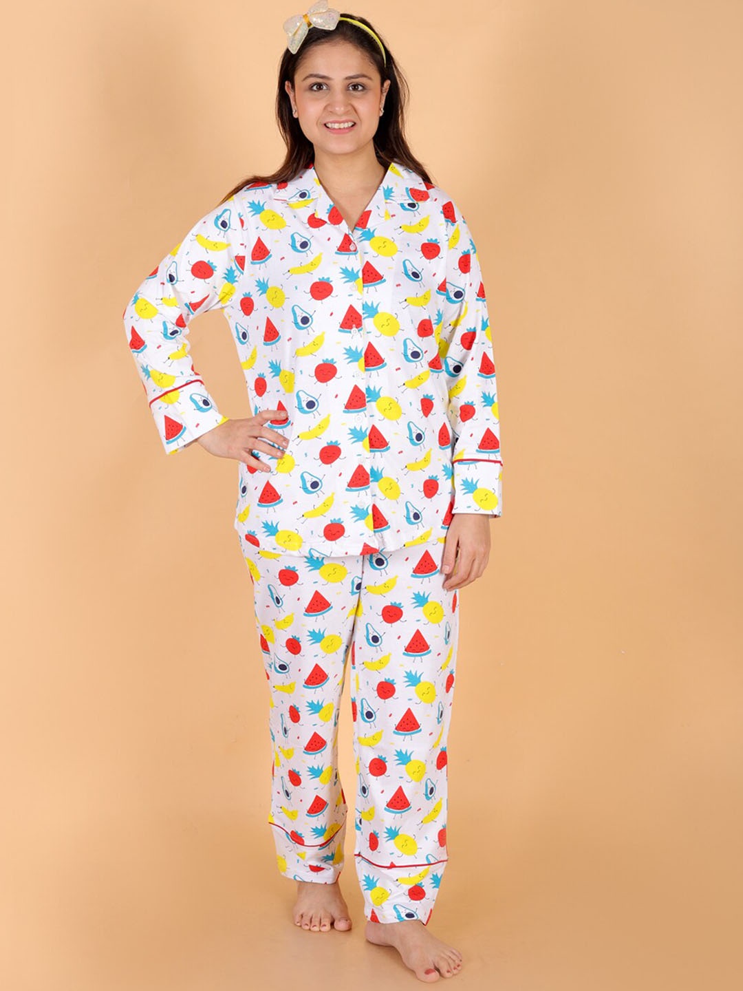 

The Mom Store Graphic Printed Pure Cotton Night suit, White