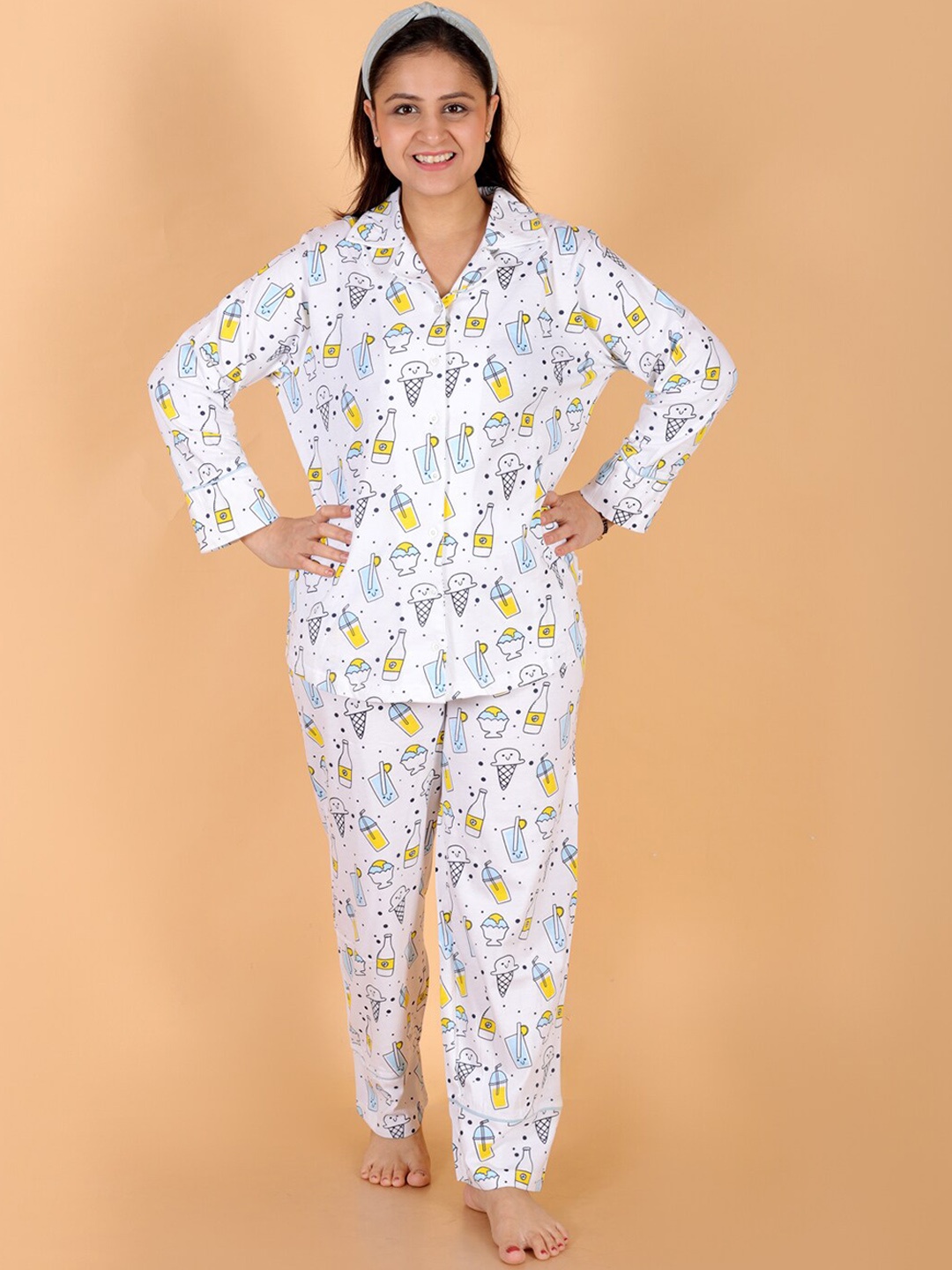 

The Mom Store Graphic Printed Pure Cotton Night suit, White