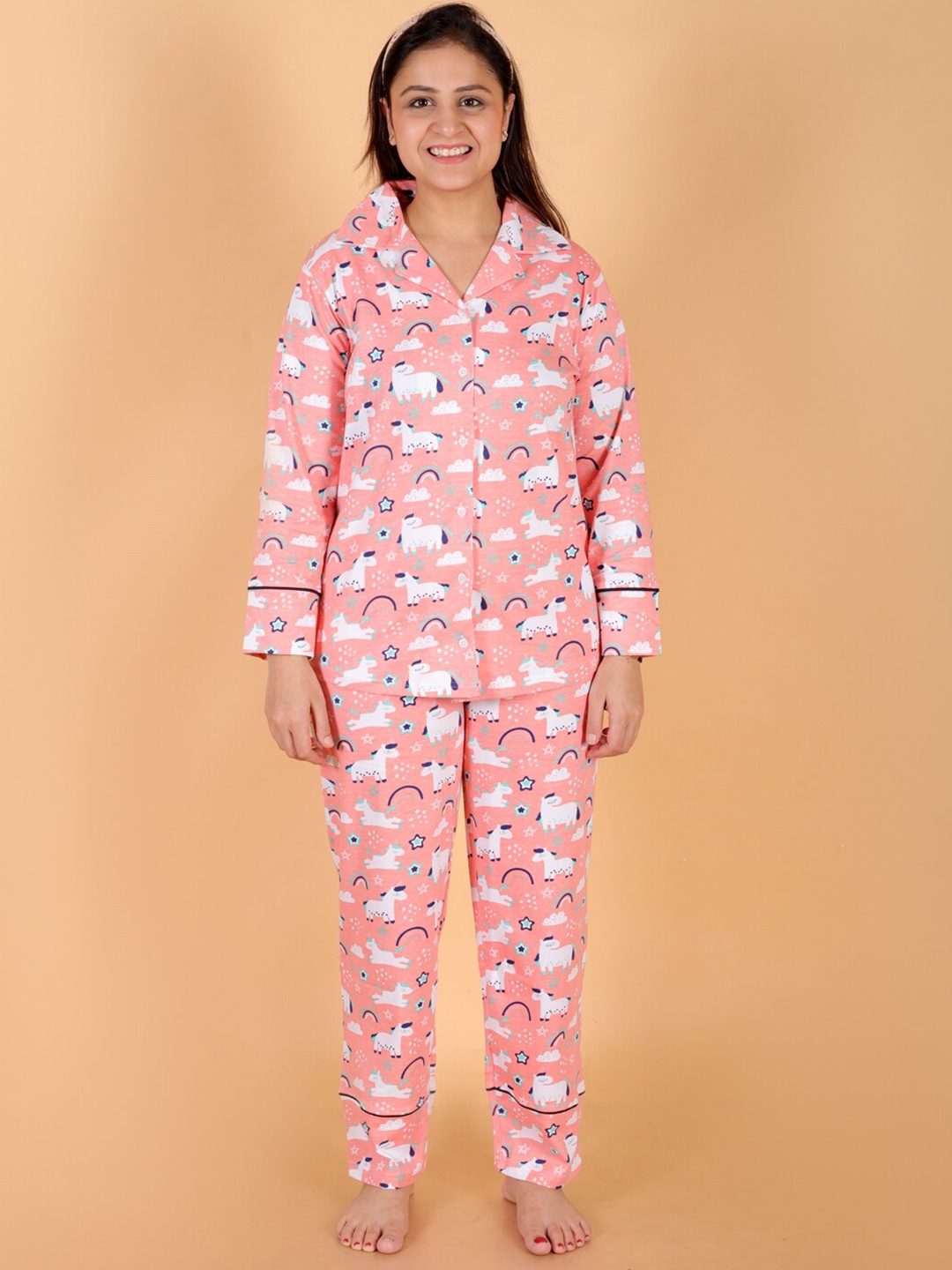 

The Mom Store Graphic Printed Pure Cotton Night suit, Pink