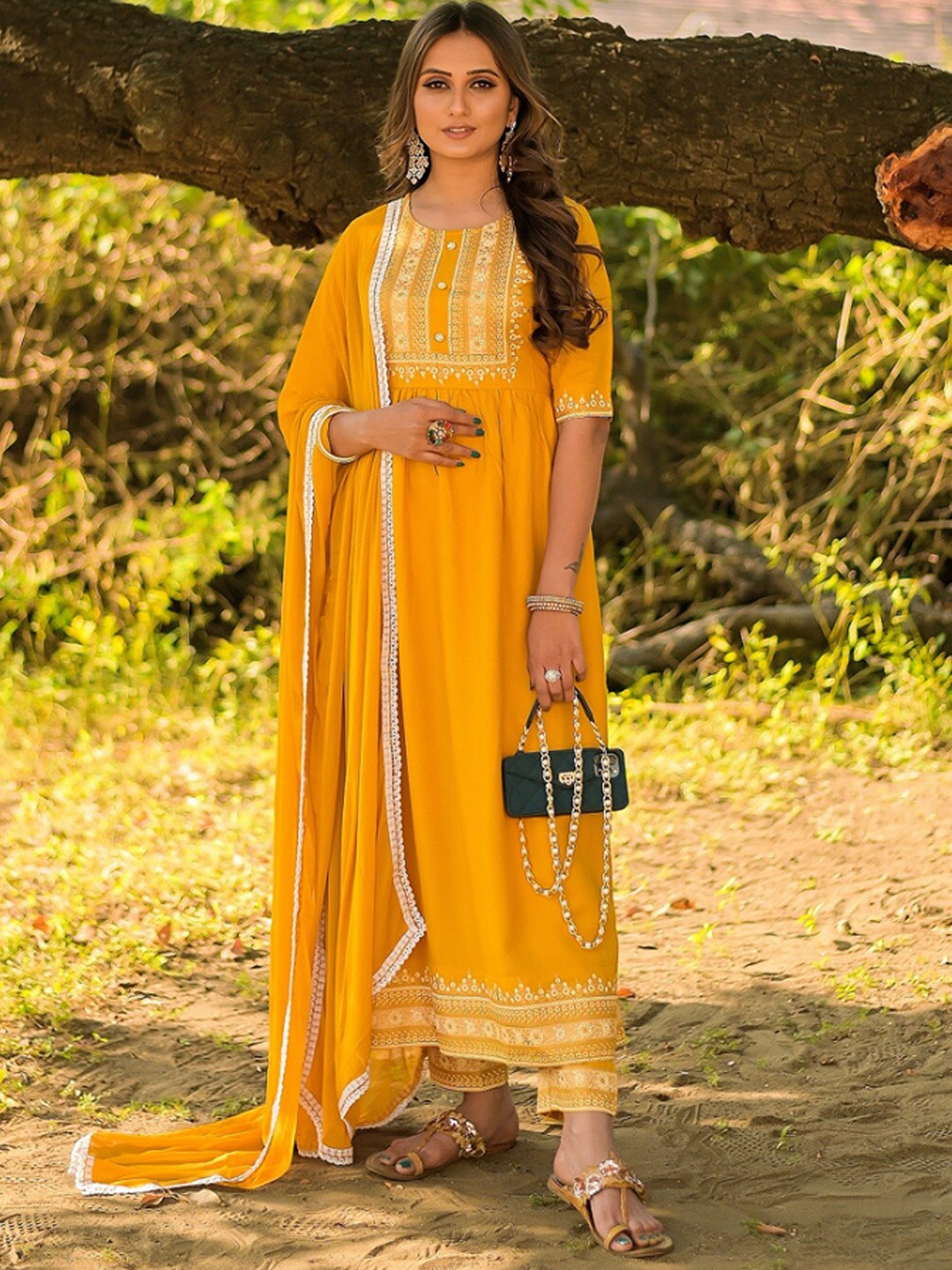 

VAABA Ethnic Motifs Yoke Design Pleated Kurta With Trousers & Dupatta, Yellow