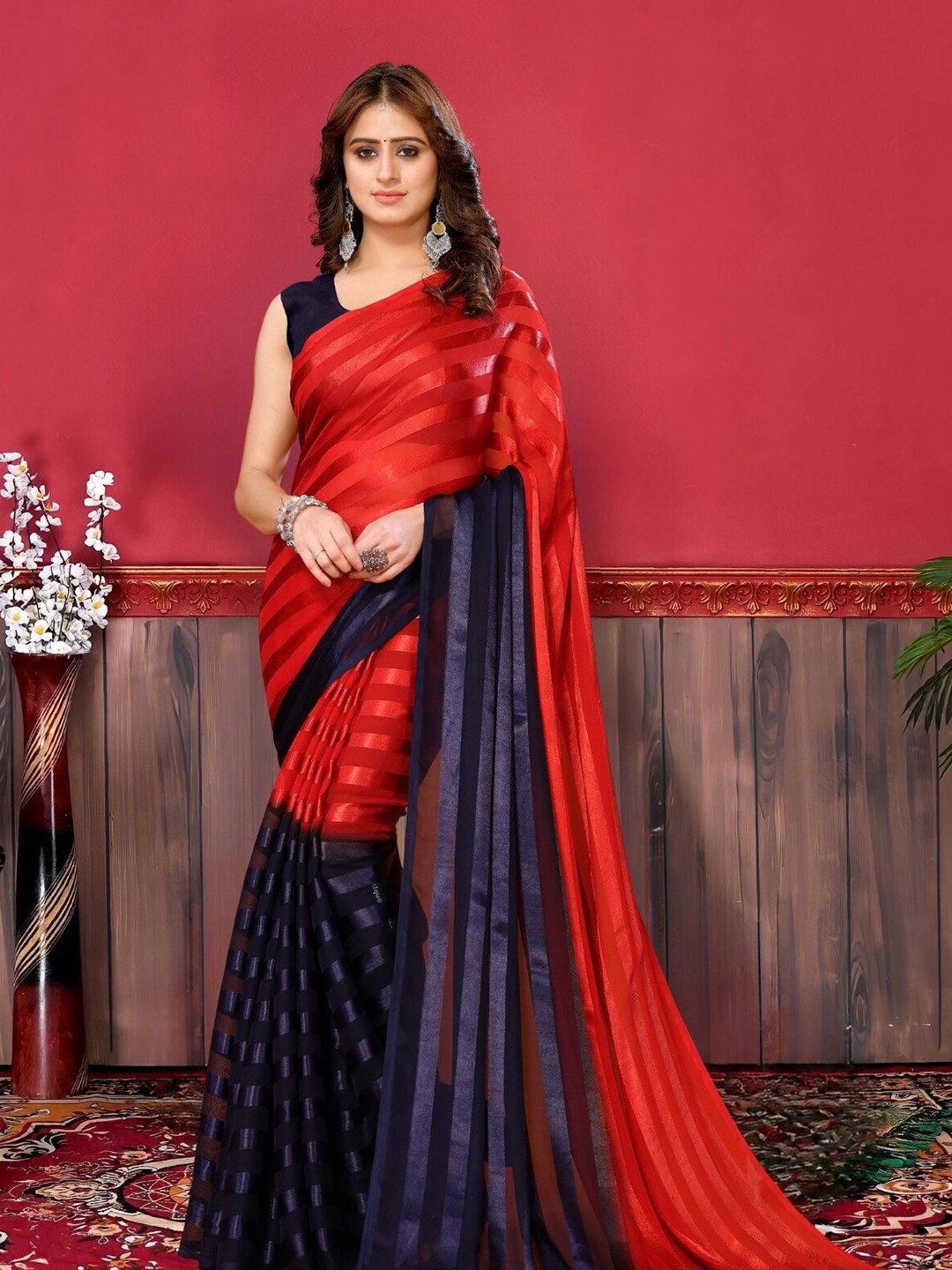 

MAGMINA Striped Woven Design Saree, Blue