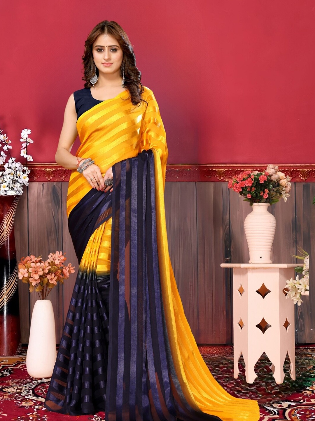 

MAGMINA Striped Woven Design Saree, Yellow