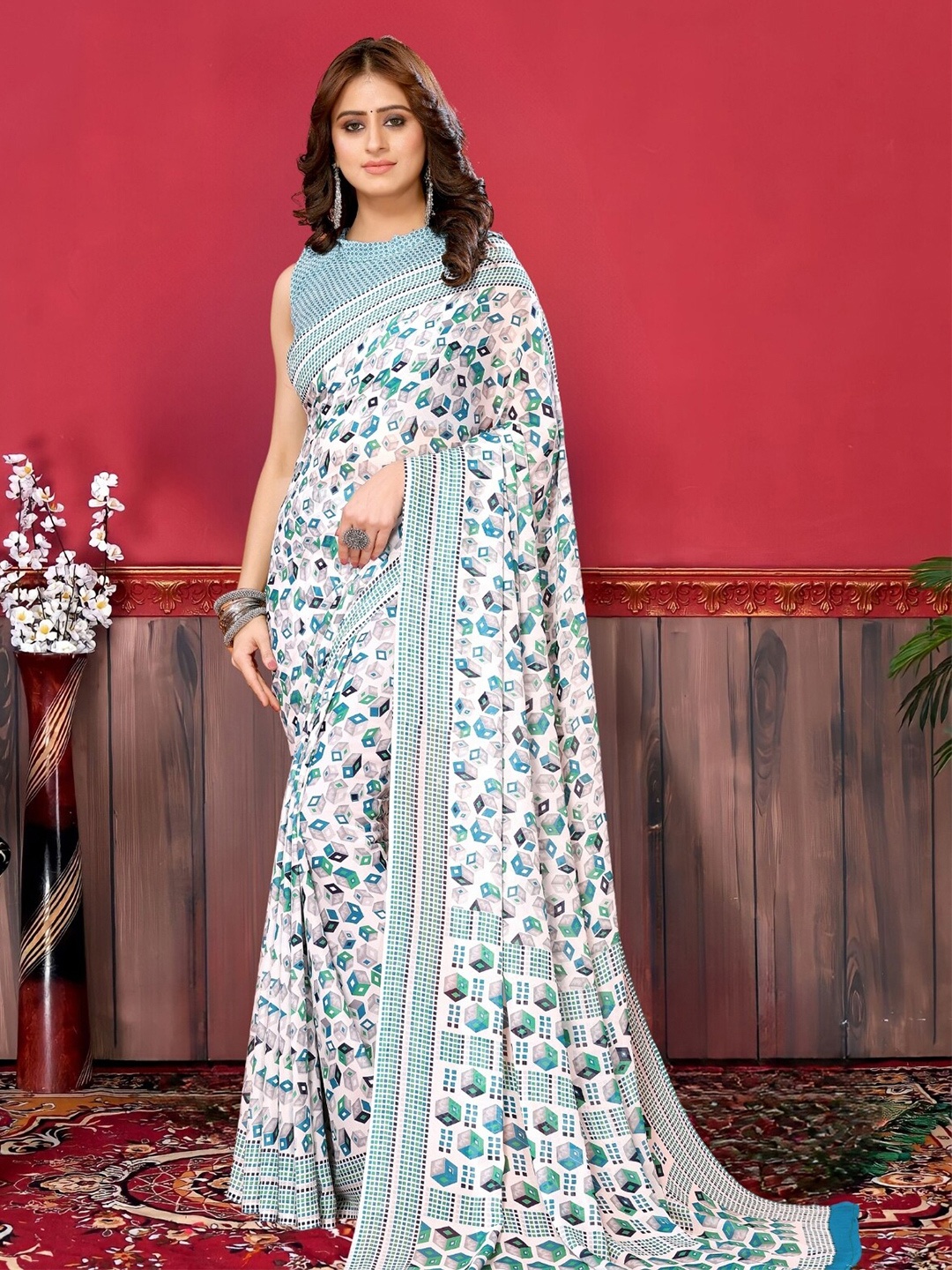 

MAGMINA Geometric Printed Saree, Blue