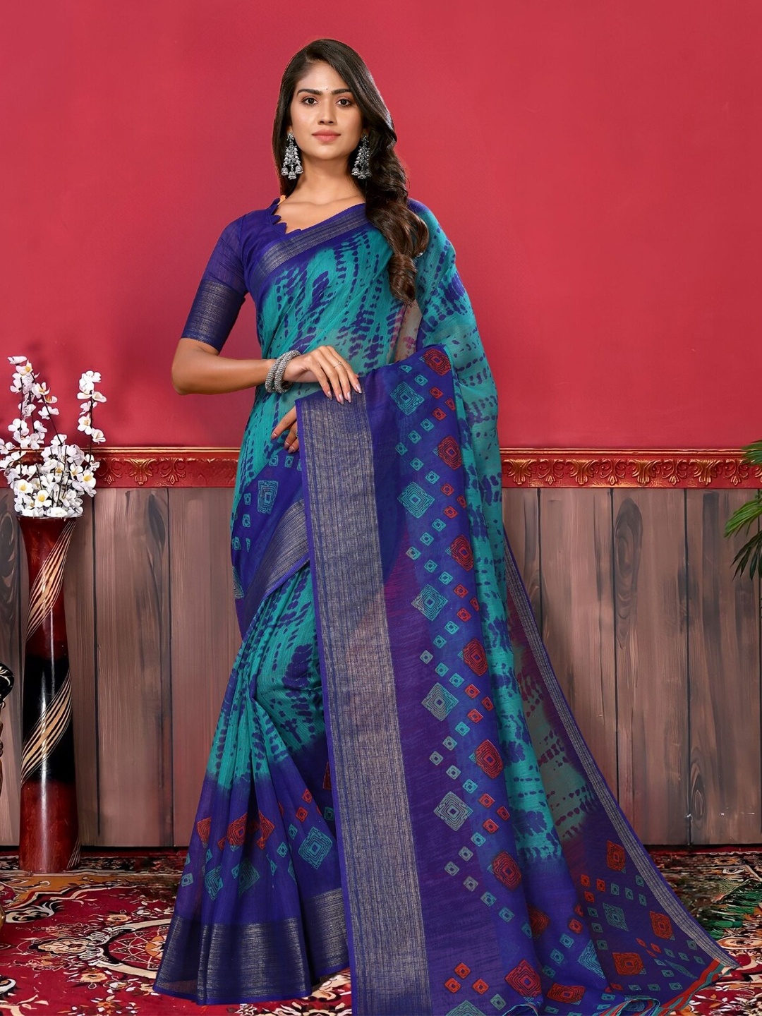 

MAGMINA Geometric Printed Pure Georgette Banarasi Saree, Blue