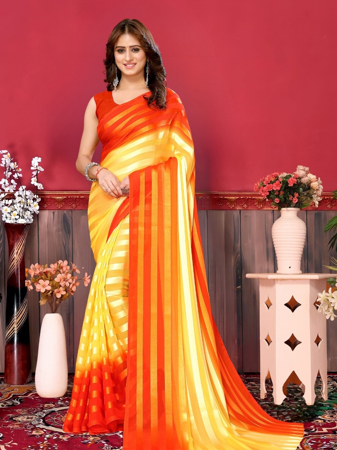 

MAGMINA Striped Woven Design Saree, Orange