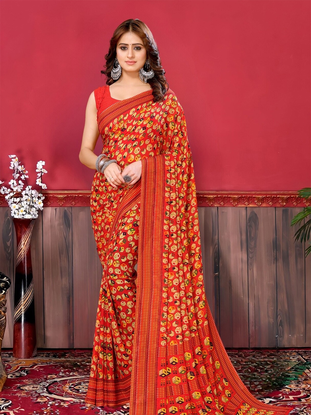 

MAGMINA Geometric Printed Saree, Red