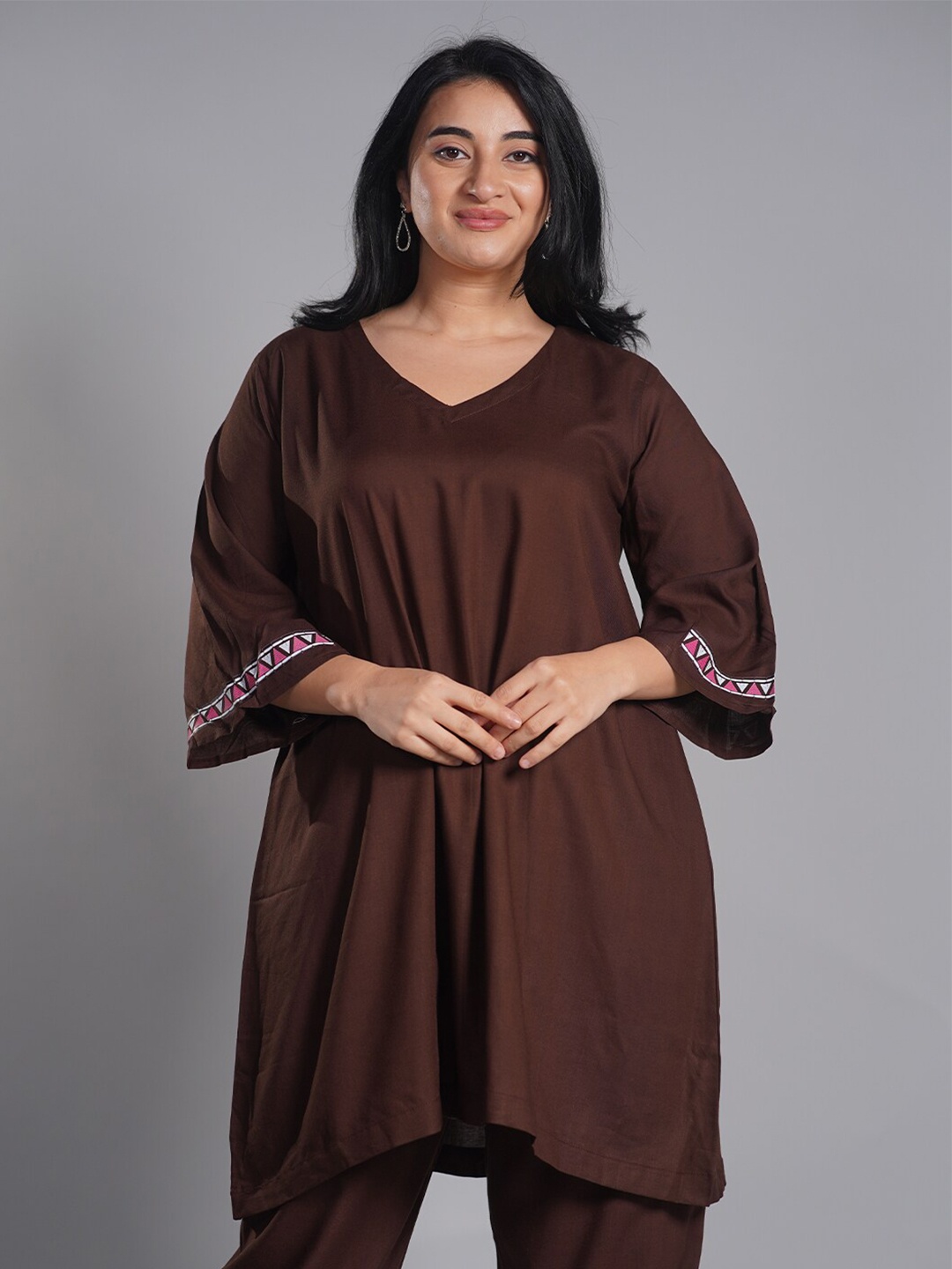 

LetsDressUp Printed Bell Sleeves A-Line Kurta, Brown