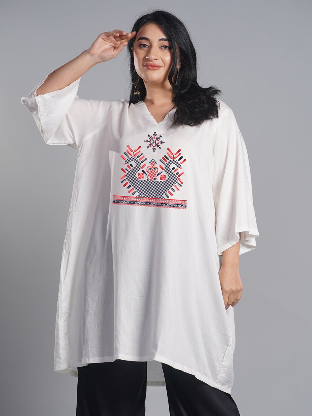 

LetsDressUp Printed V Neck Three-Quarter Sleeves A-Line Kurta, White