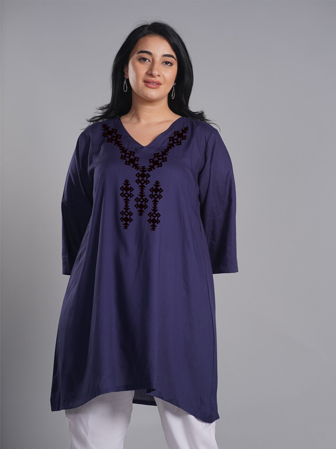 

LetsDressUp Printed V-Neck Three-Quarter Flared Sleeves A-Line Kurta, Navy blue