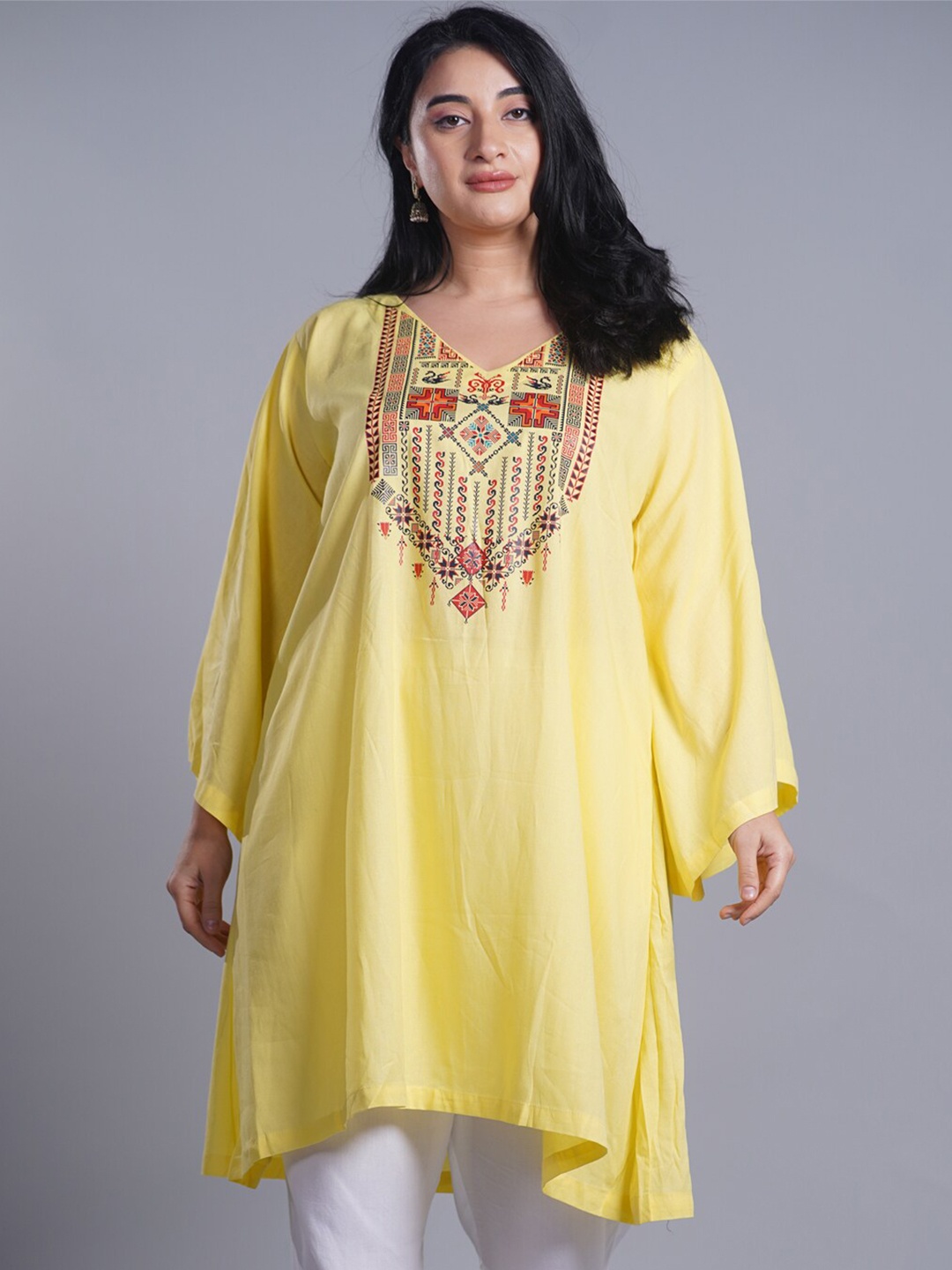 

LetsDressUp Ethnic Motifs V-Neck Yoke Design Bell Sleeves Kurta, Lime green
