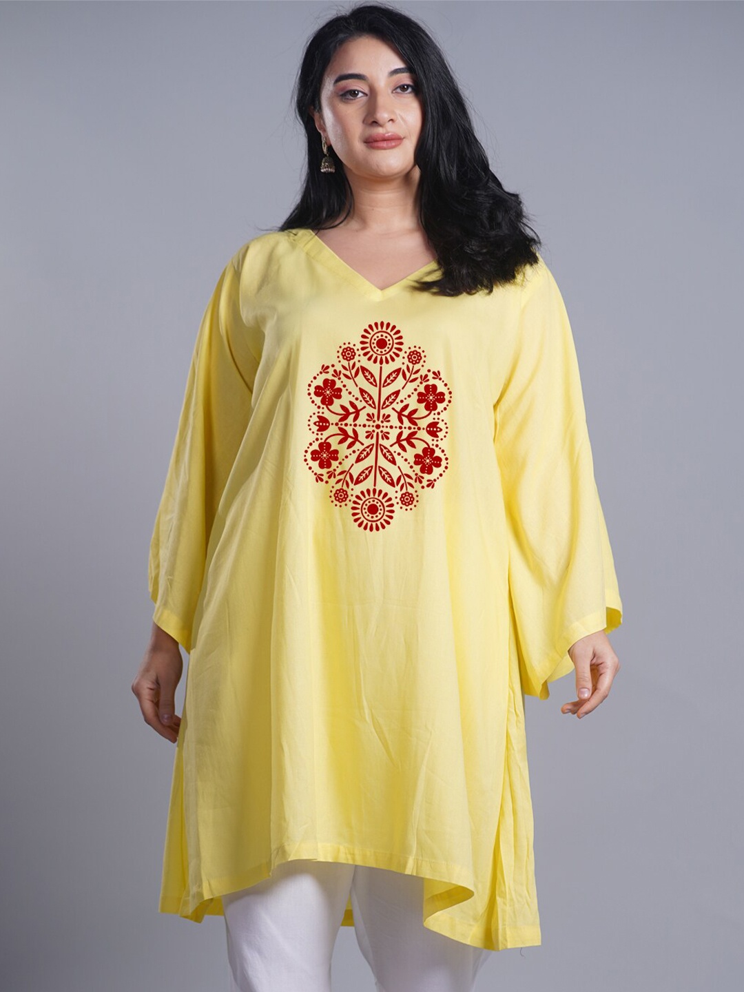 

LetsDressUp Ethnic Motifs V-Neck Yoke Design Bell Sleeves Kurta, Lime green