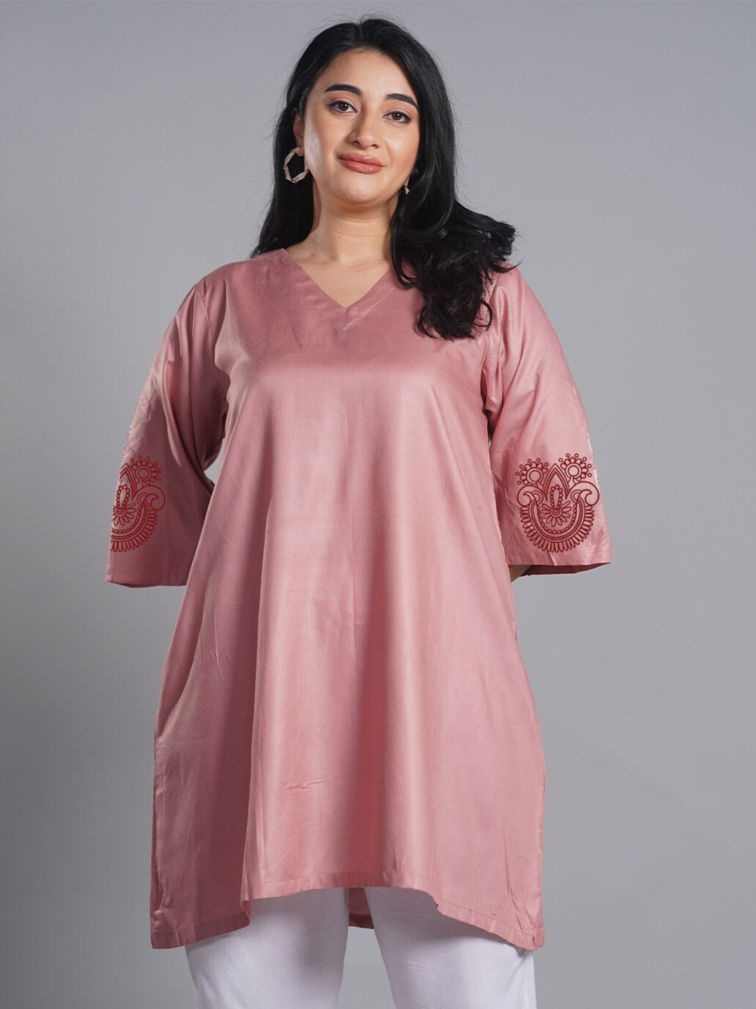

LetsDressUp Plus Size V-Neck Three-Quarter Flared Sleeves Kurta, Rose