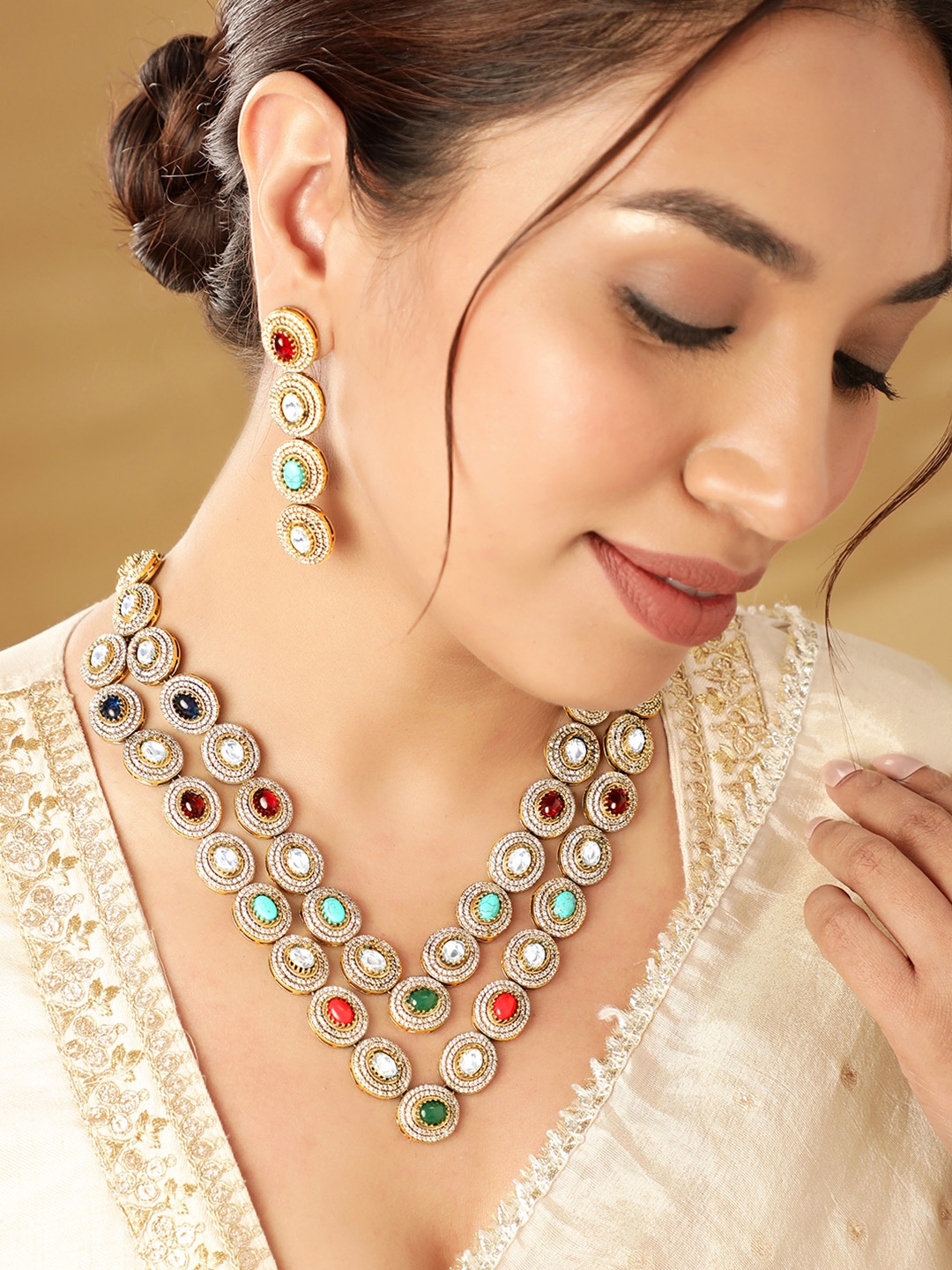 

Rubans 24K Gold Plated Multi Color Kundan & Cubic Zirconia Studded MultiLayer Necklace Set, White