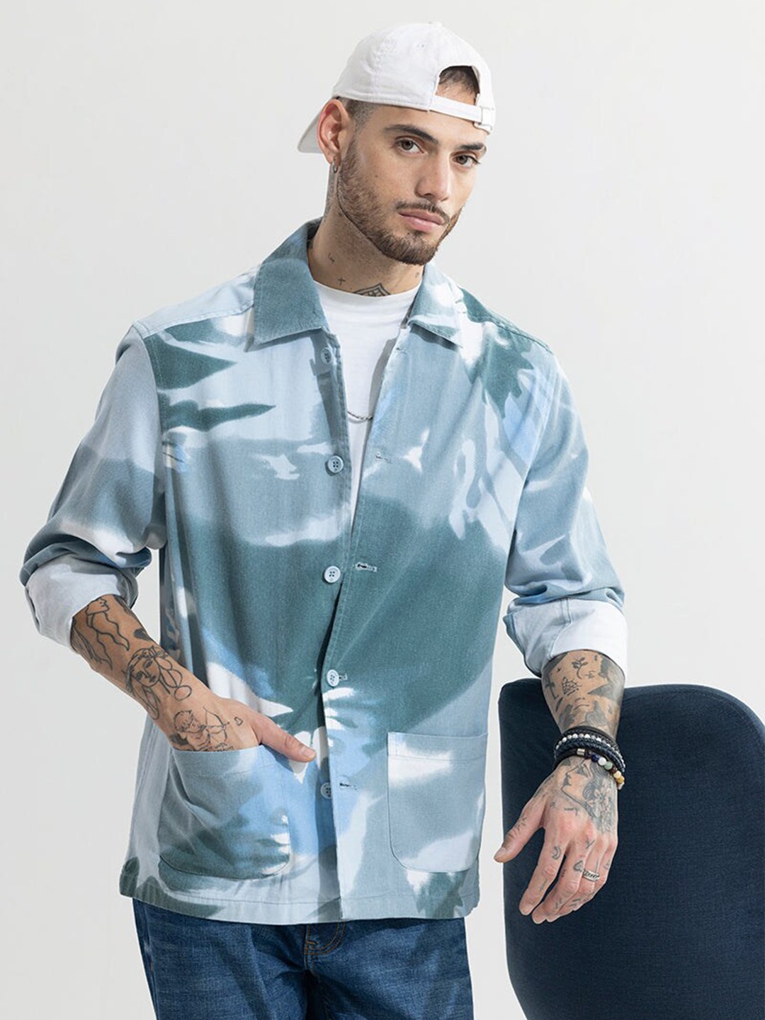 

Snitch Printed Spread Collar Classic Cotton Boxy Casual Shirt, Blue