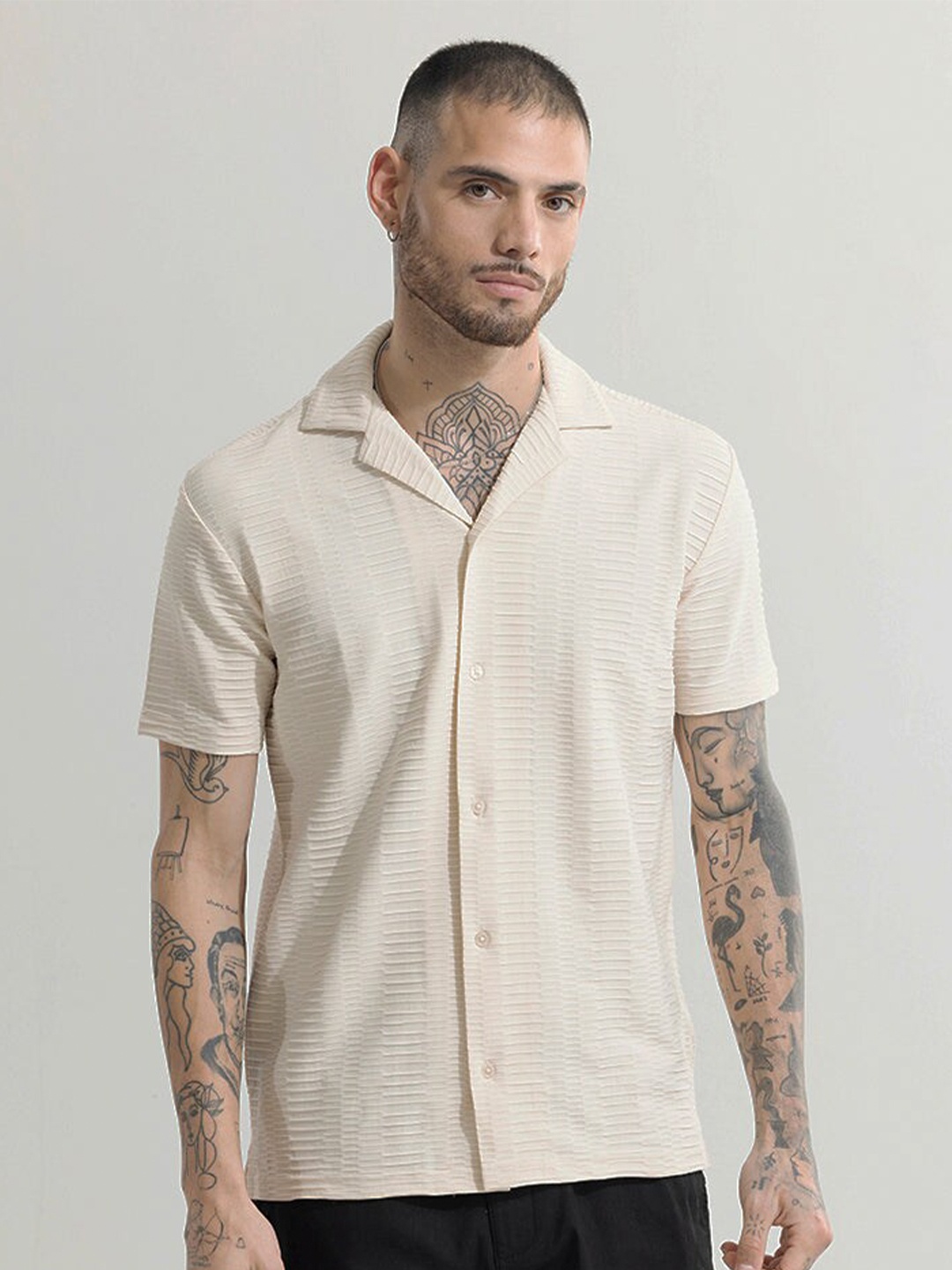 

Snitch Horizontal Stripes Classic Boxy Casual Shirt, Cream