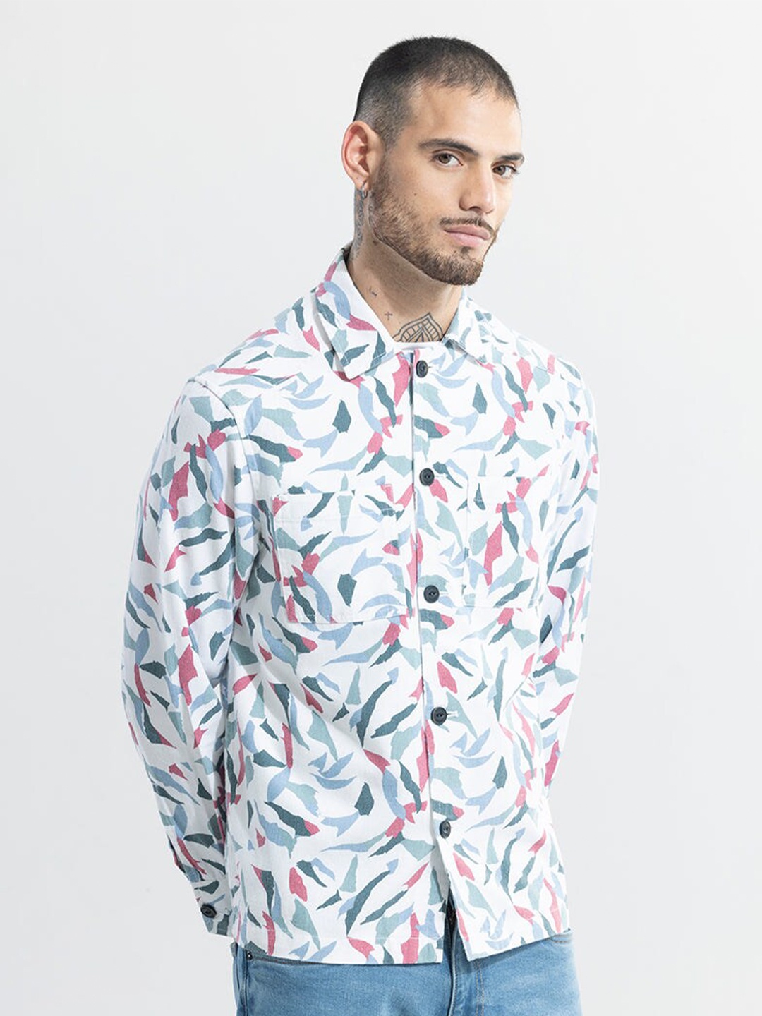 

Snitch Printed Spread Collar Cotton Classic Boxy Casual Shirt, Pink